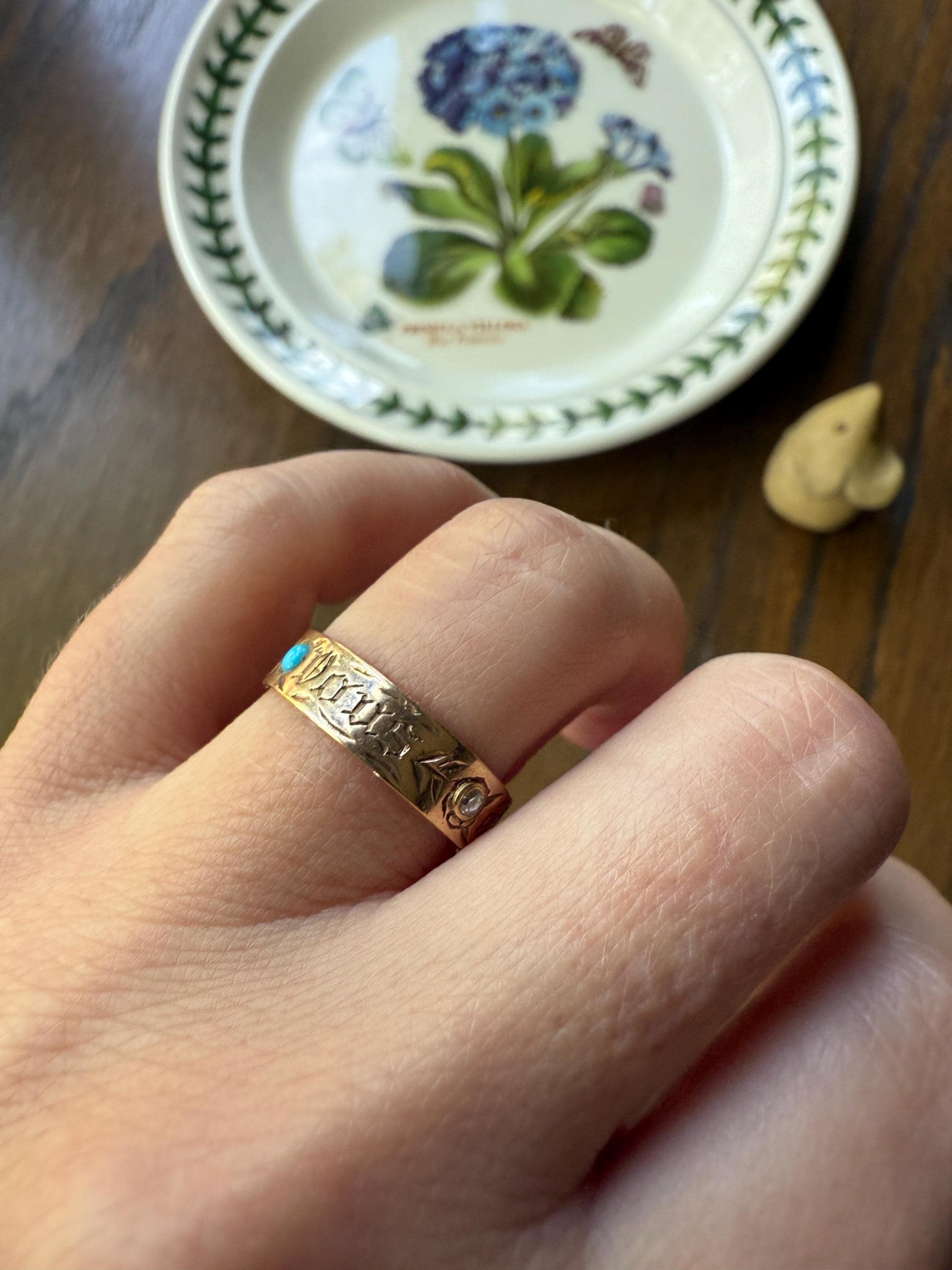You and No Other French "Vous et Nul Autre" Old Mine Cut Diamond Turquoise Eternity Ring Wedding Cigar Band 14K Gold Jewelry with Words Gift
