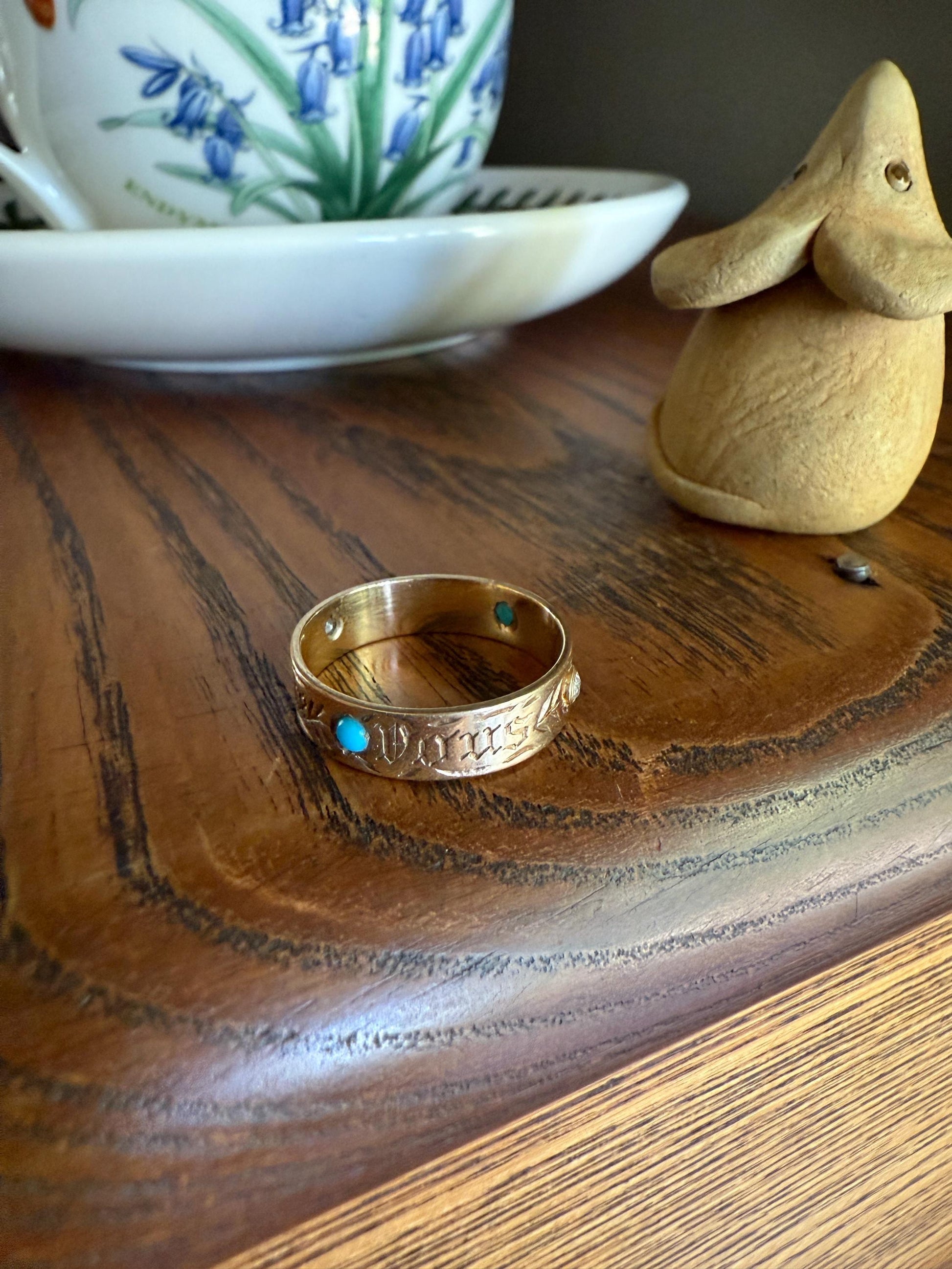You and No Other French "Vous et Nul Autre" Old Mine Cut Diamond Turquoise Eternity Ring Wedding Cigar Band 14K Gold Jewelry with Words Gift