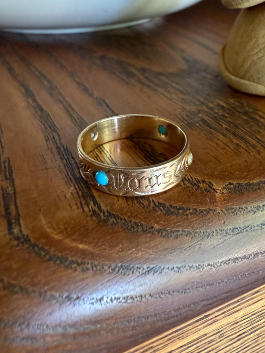 You and No Other French Antique "Vous et Nul Autre" Old Mine Cut Diamond Turquoise Eternity Ring Wedding Cigar Band 14K Gold