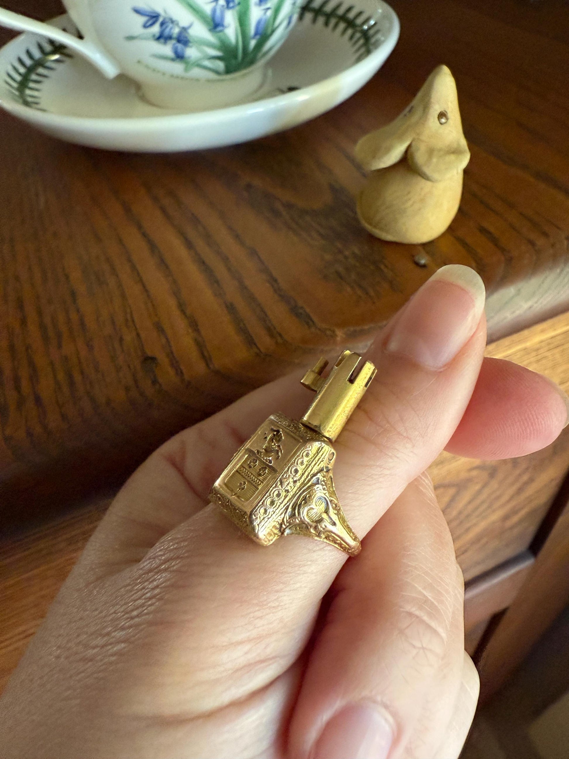 SECRET Hidden Key SIGNET Ring Heraldic Coat of Arms HEAVY 12g 18k Gold Unisex Wax Seal Historic Rare Stacker Goat Flower Clover Banner Crest