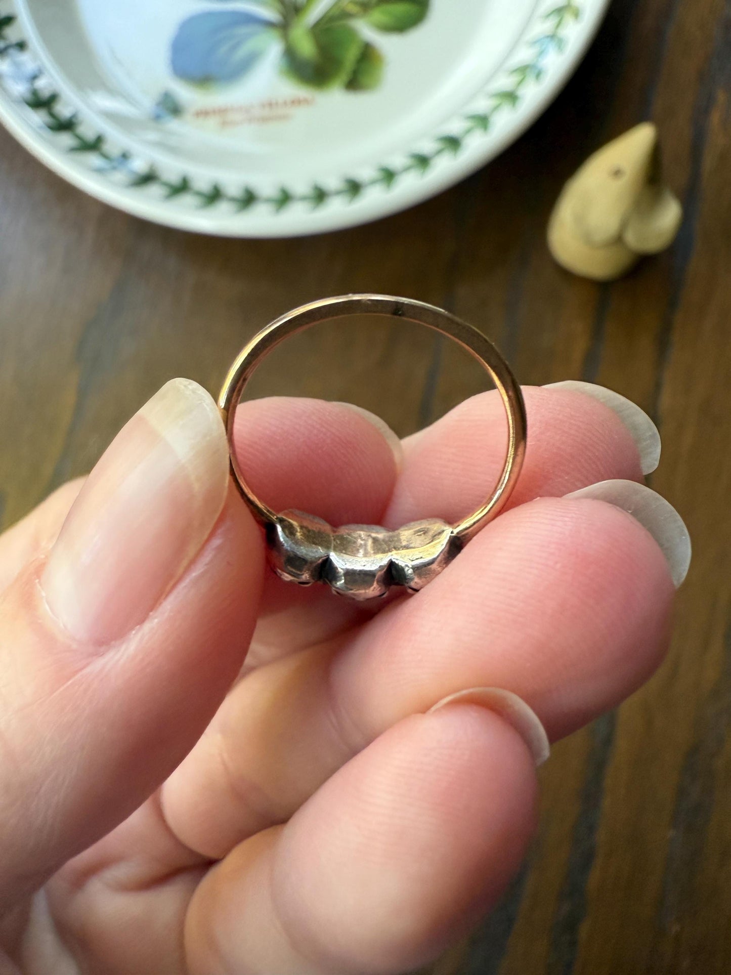 Georgian Antique Rose Cut DIAMOND Three Stone Ring 18k Gold Silver Foiled Collets French Domed Stackable Band Romantic Gift