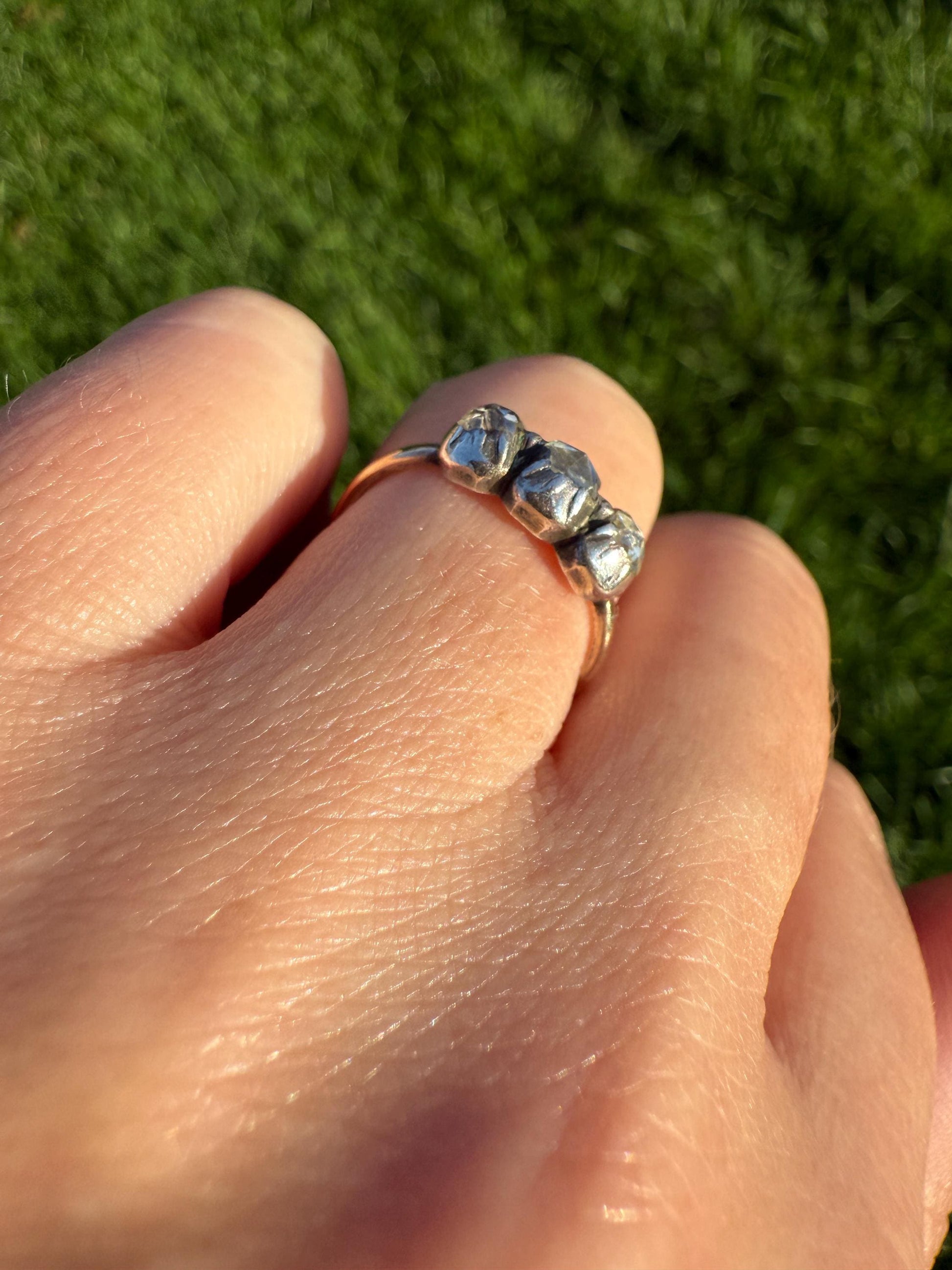 Georgian Antique Rose Cut DIAMOND Three Stone Ring 18k Gold Silver Foiled Collets French Domed Stackable Band Romantic Gift