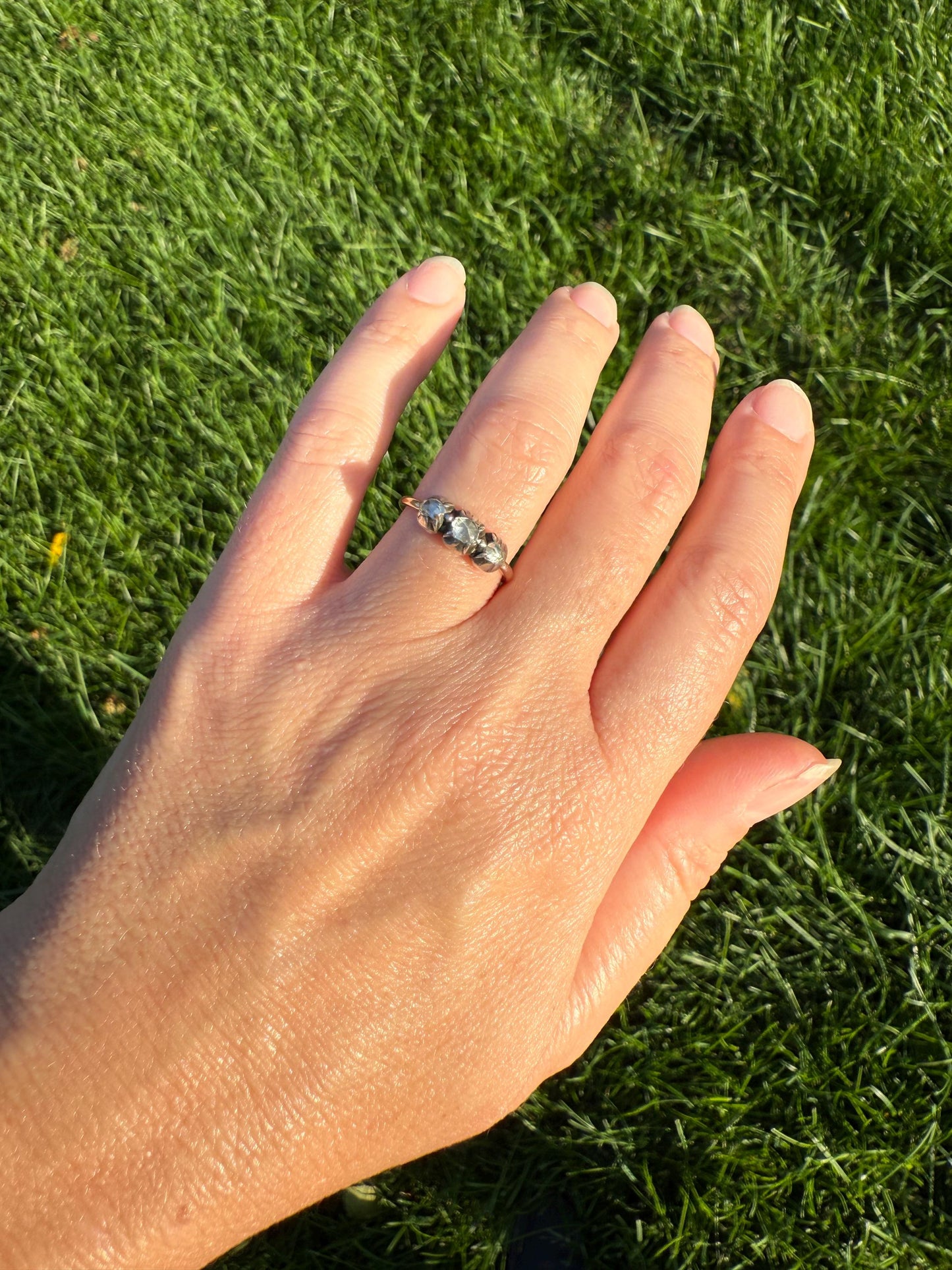 Georgian Antique Rose Cut DIAMOND Three Stone Ring 18k Gold Silver Foiled Collets French Domed Stackable Band Romantic Gift
