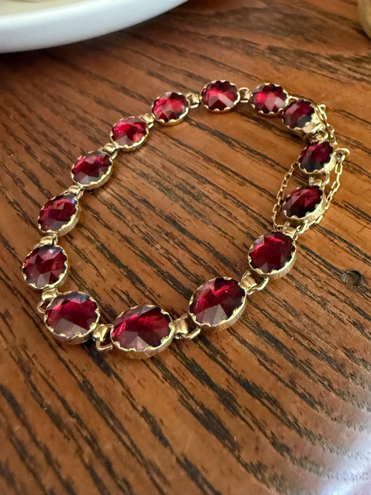 Antique French Perpignan GARNET Oval Riviere Eternity Tennis Bracelet 18k Gold Bezel Set Rose Cut Closed Back Almandine Glowing Raspberry