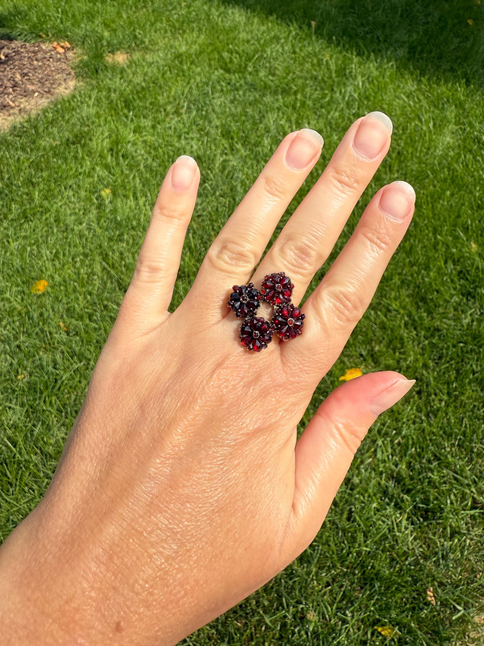 Almost ANTIQUE Pear Red Rose Cut GARNET 4 Floral Clusters RING Large Unique Statement Crimson Glow Gilt Silver Goldwash Cruciform Art Deco