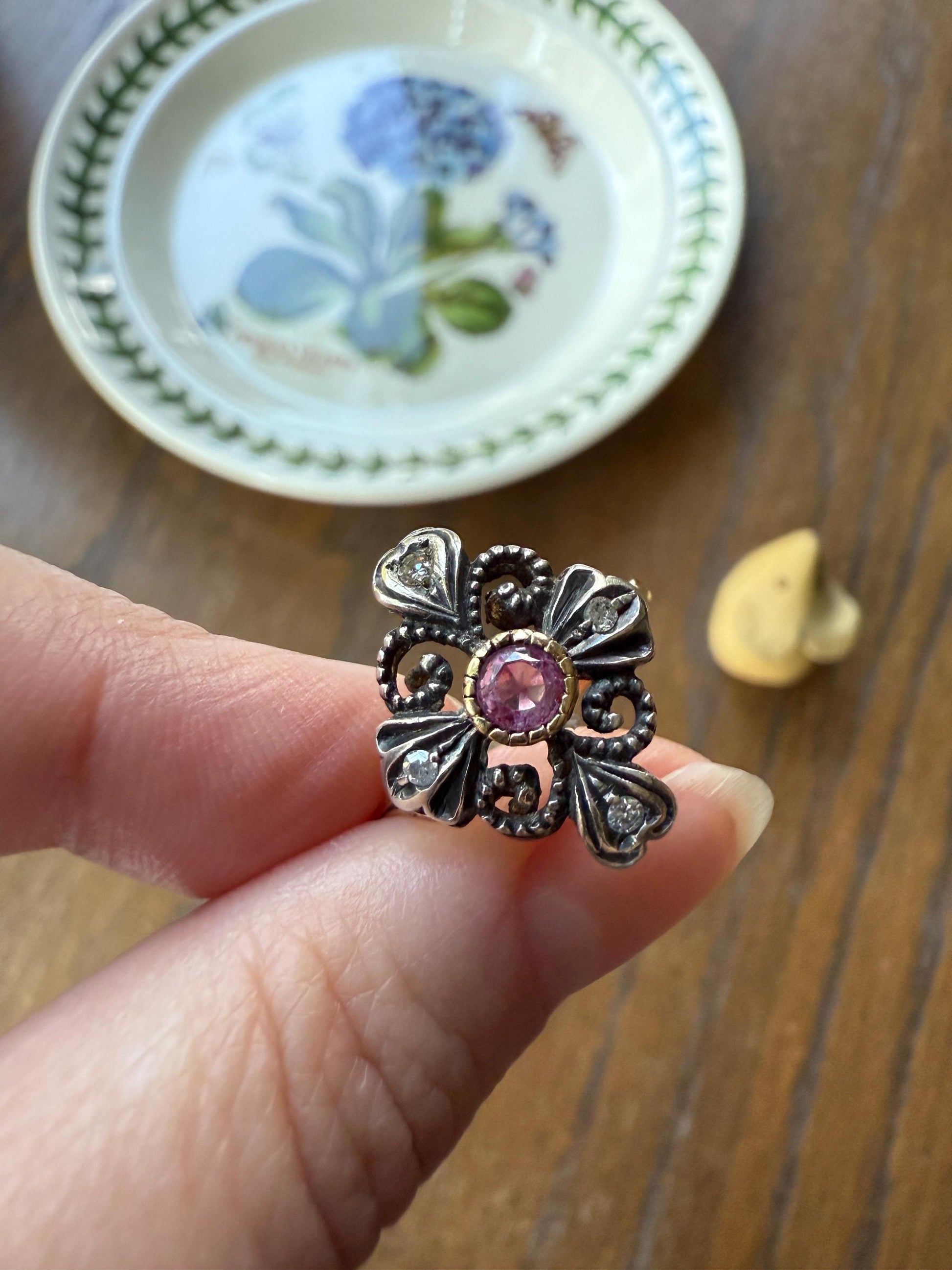 HEARTS Ornate Shield RUBY Old Single Cut DIAMOND Ring 18k Gold Silver Flourishes Scrolled Shield Large Cocktail Statement Gift