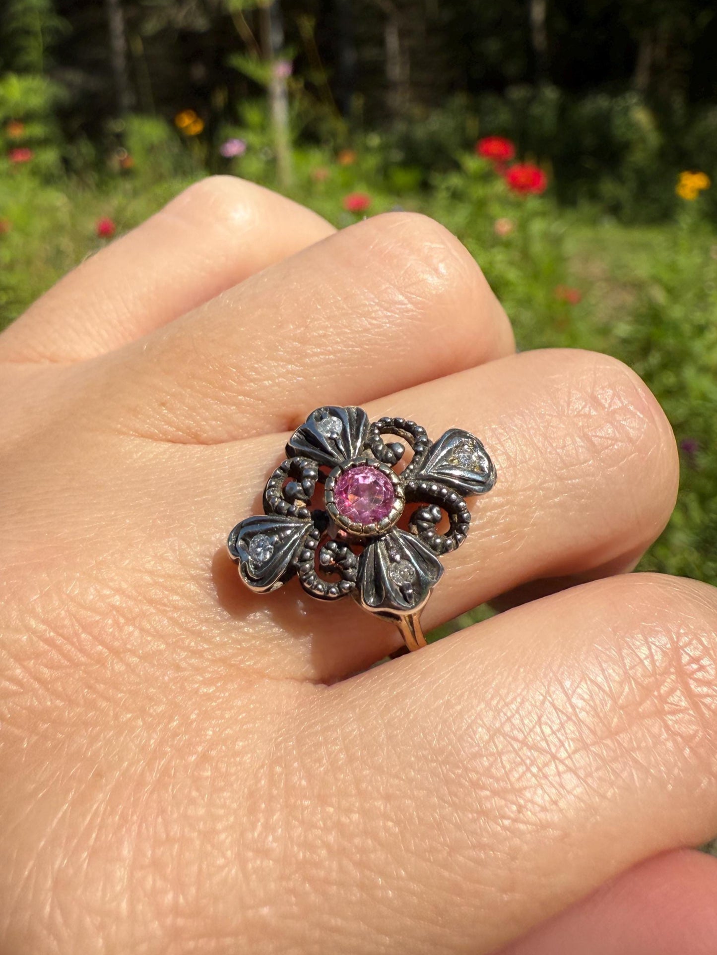 HEARTS Ornate Shield RUBY Old Single Cut DIAMOND Ring 18k Gold Silver Flourishes Scrolled Shield Large Cocktail Statement Gift