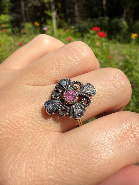 HEARTS Ornate Shield RUBY Old Single Cut DIAMOND Ring 18k Gold Silver Flourishes Scrolled Shield Large Cocktail Statement Gift