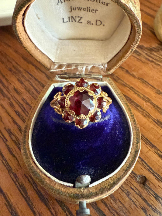 Cluster Vintage Perpignan GARNET Bauble Ring Ornate tacker Crimson Glowing Red Tiered Romantic Gift Victorian Antique Style