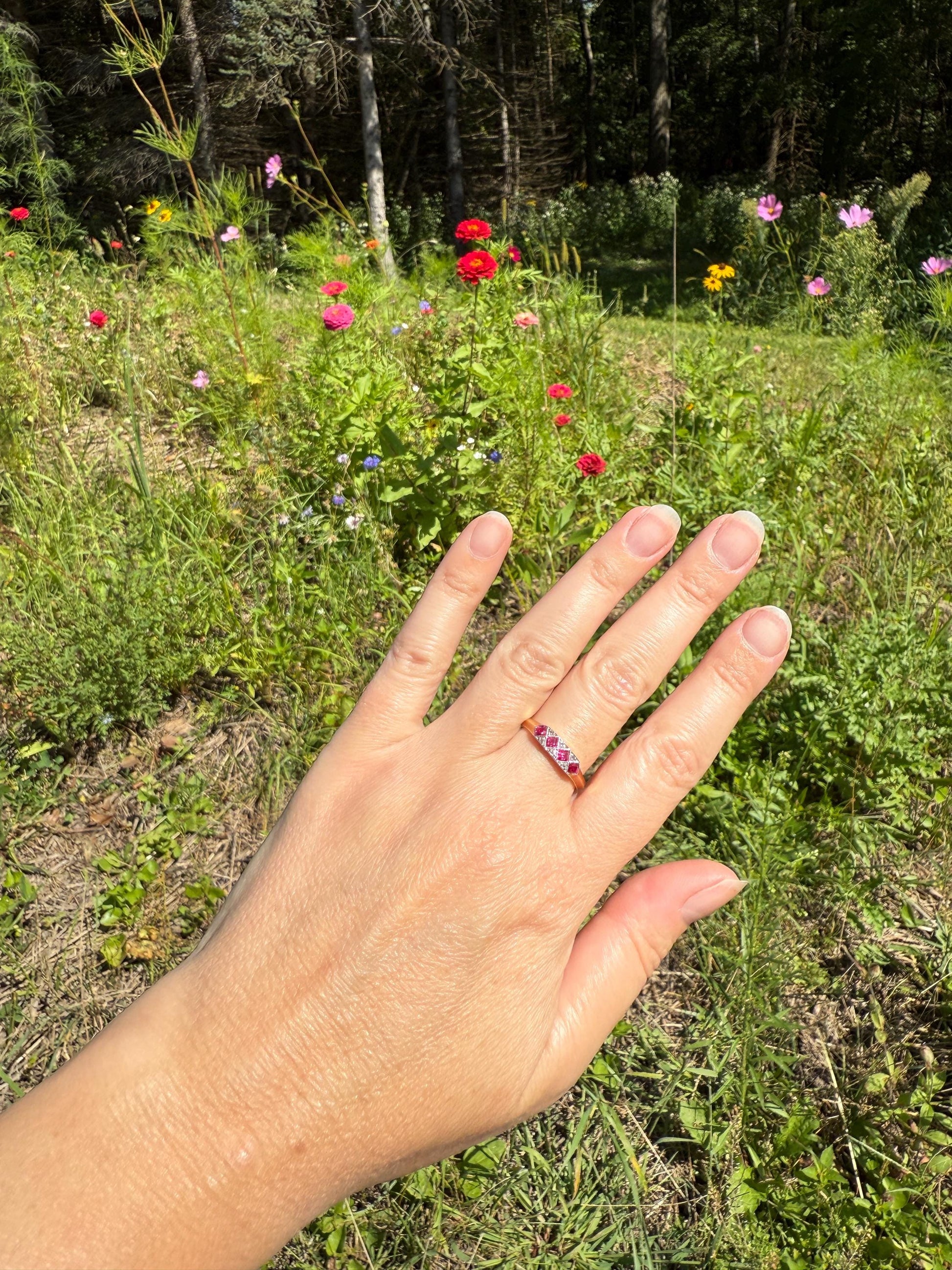 Geometric Antique Four Stone Square RUBY Rose Cut DIAMOND Band Argyle Pattern Geometric Ring 18k Gold Skinny Pink Stacker Gift