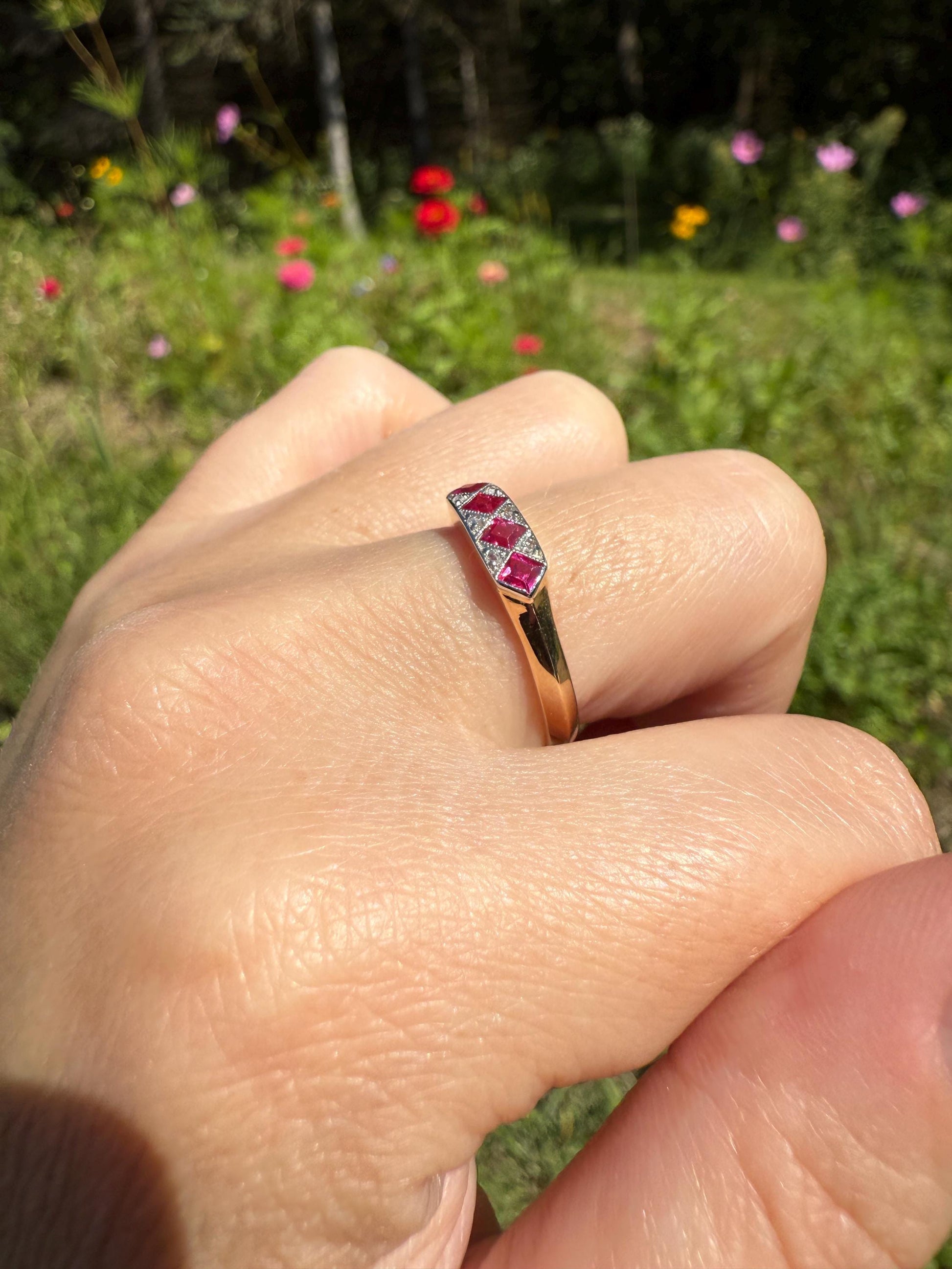 Geometric Antique Four Stone Square RUBY Rose Cut DIAMOND Band Argyle Pattern Geometric Ring 18k Gold Skinny Pink Stacker Gift