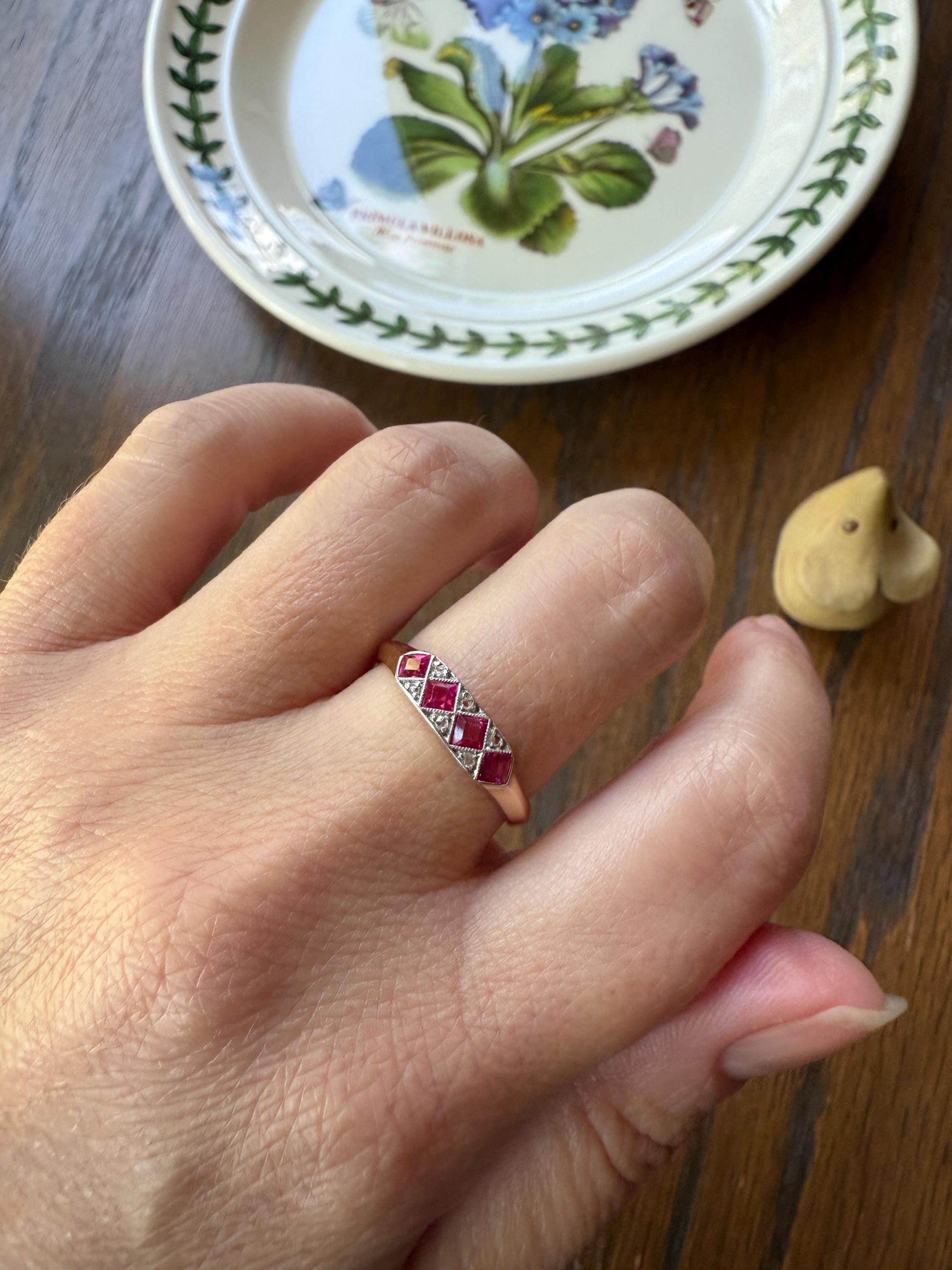 Geometric Antique Four Stone Square RUBY Rose Cut DIAMOND Band Argyle Pattern Geometric Ring 18k Gold Skinny Pink Stacker Gift