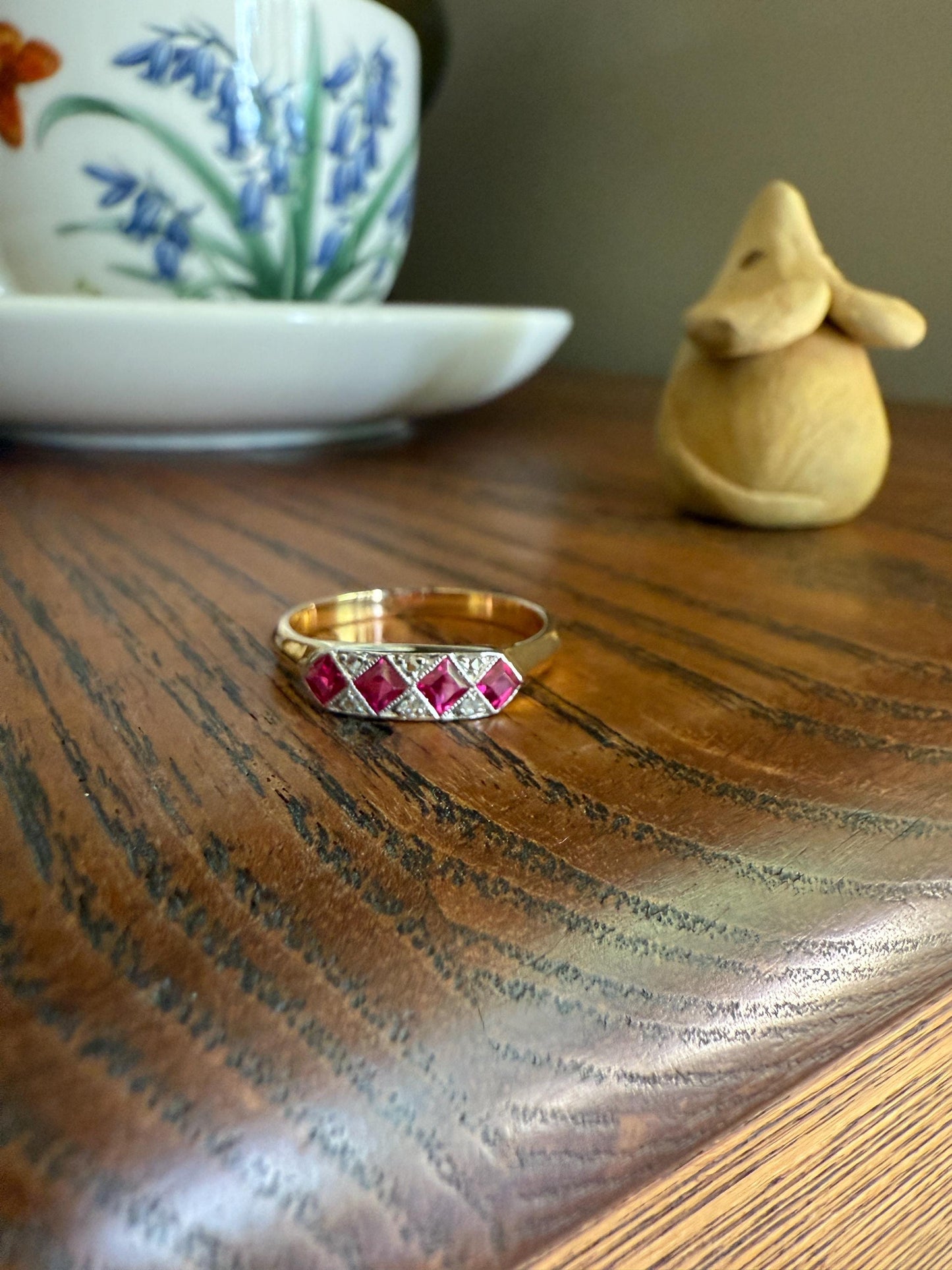 Geometric Antique Four Stone Square RUBY Rose Cut DIAMOND Band Argyle Pattern Geometric Ring 18k Gold Skinny Pink Stacker Gift