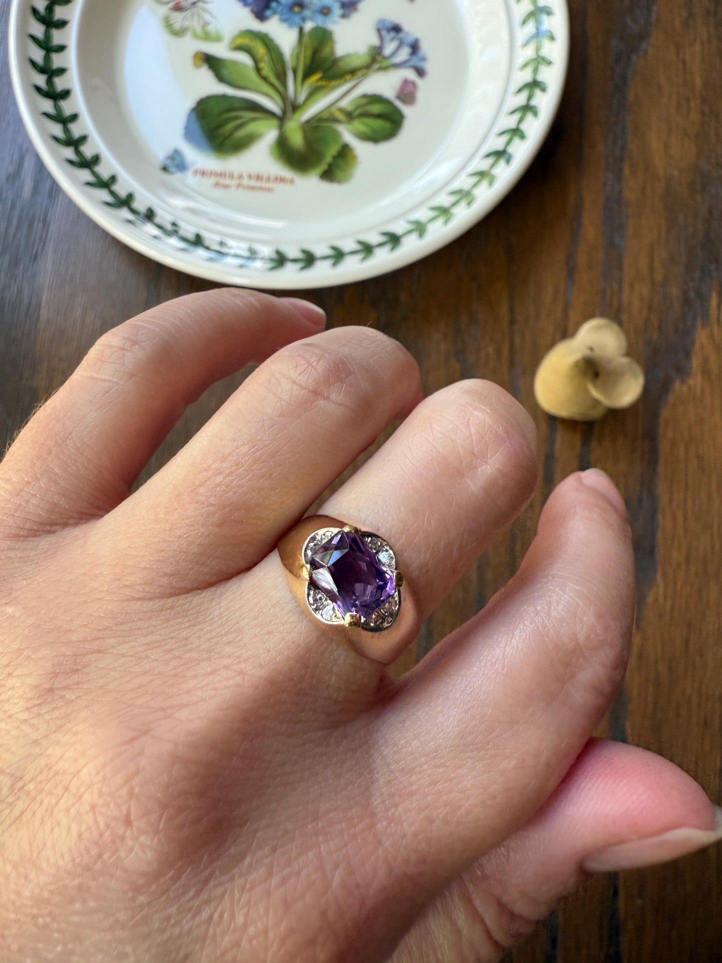 Vintage East West Amethyst Single Cut DIAMOND 18k Gold Domed Band Ring Lavender Purple Stacker Gift Unique Two Tier Gypsy Setting