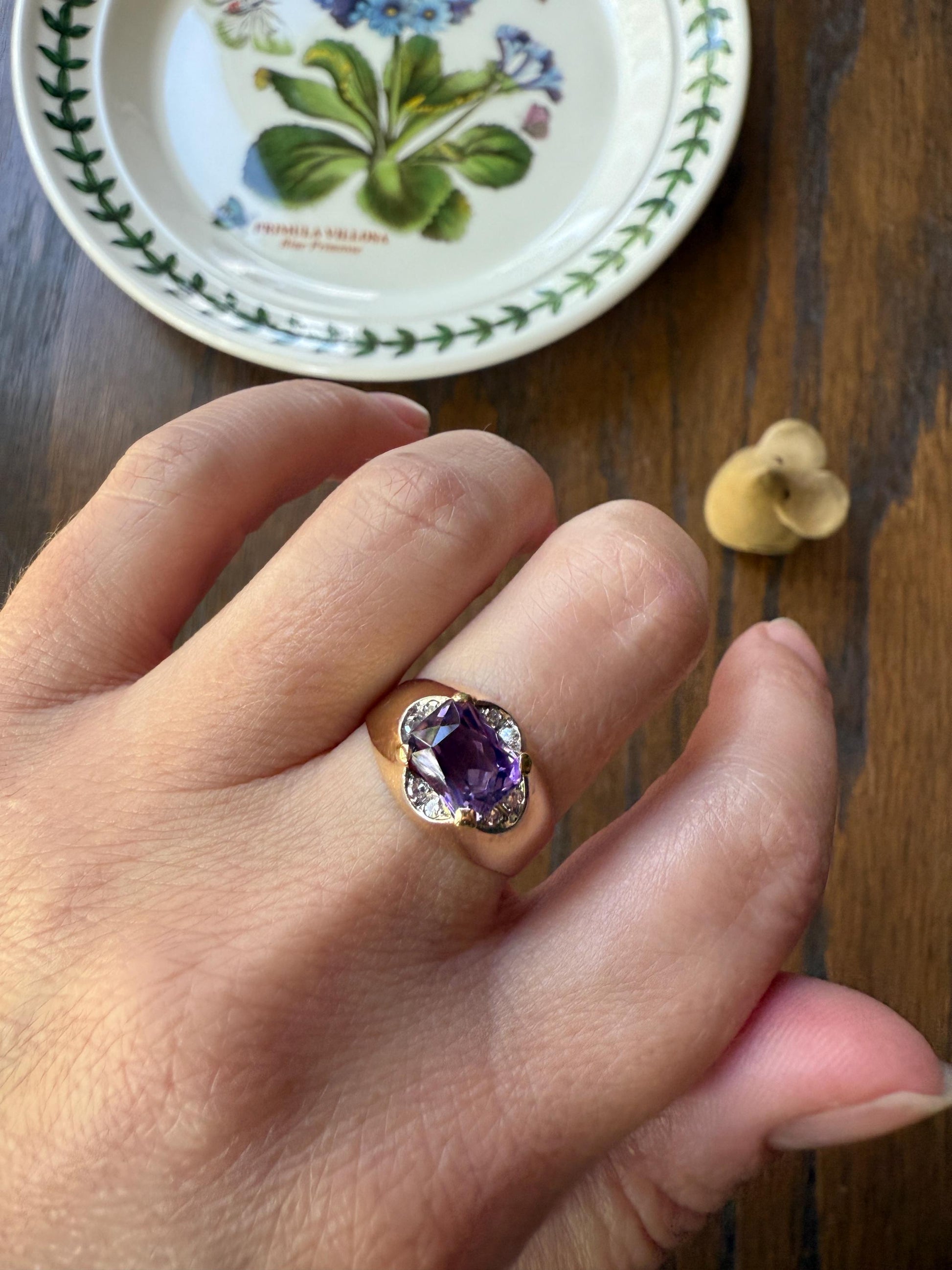 Vintage East West Amethyst Single Cut DIAMOND 18k Gold Domed Band Ring Lavender Purple Stacker Gift Unique Two Tier Gypsy Setting