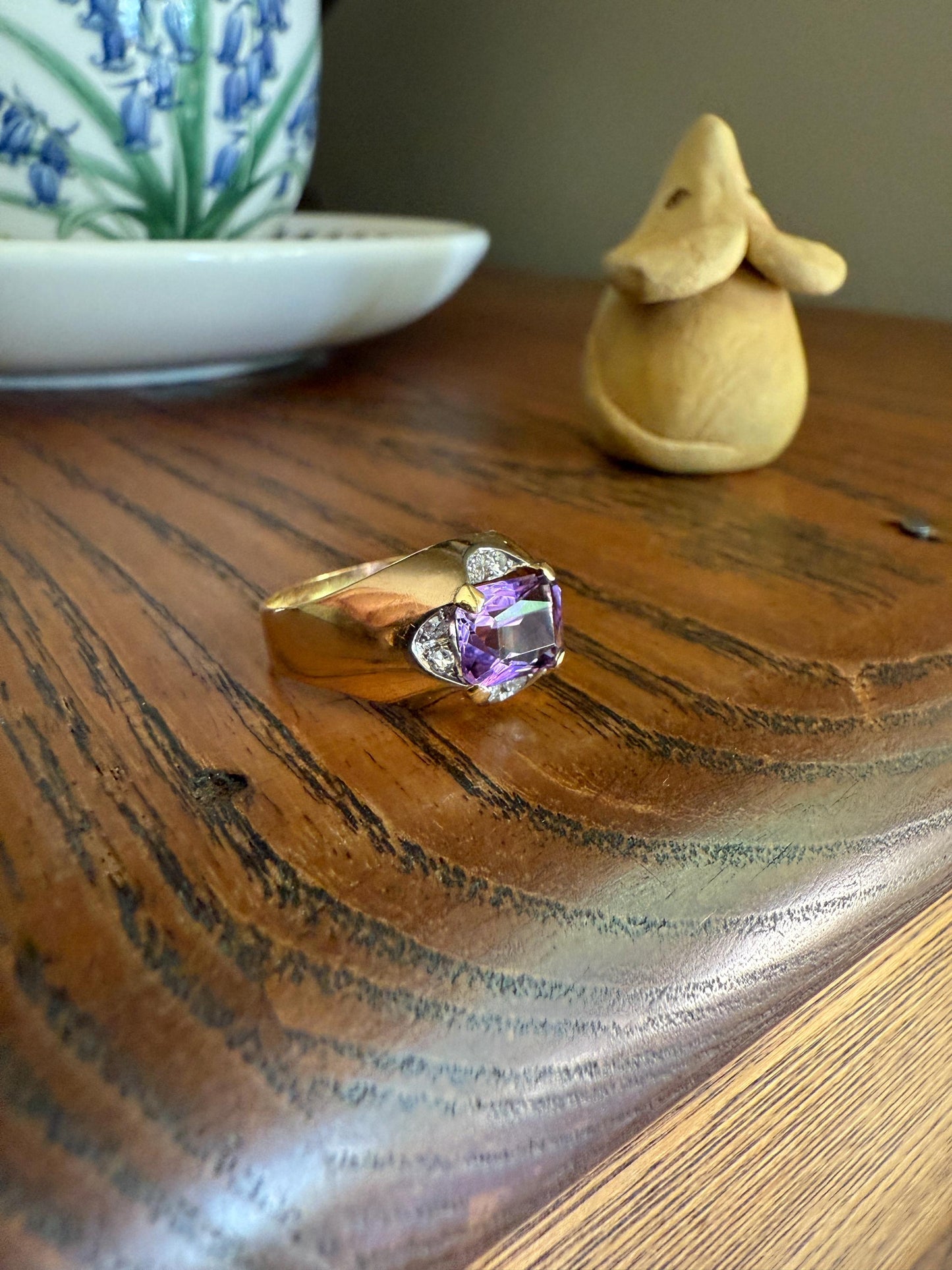 Vintage East West Amethyst Single Cut DIAMOND 18k Gold Domed Band Ring Lavender Purple Stacker Gift Unique Two Tier Gypsy Setting