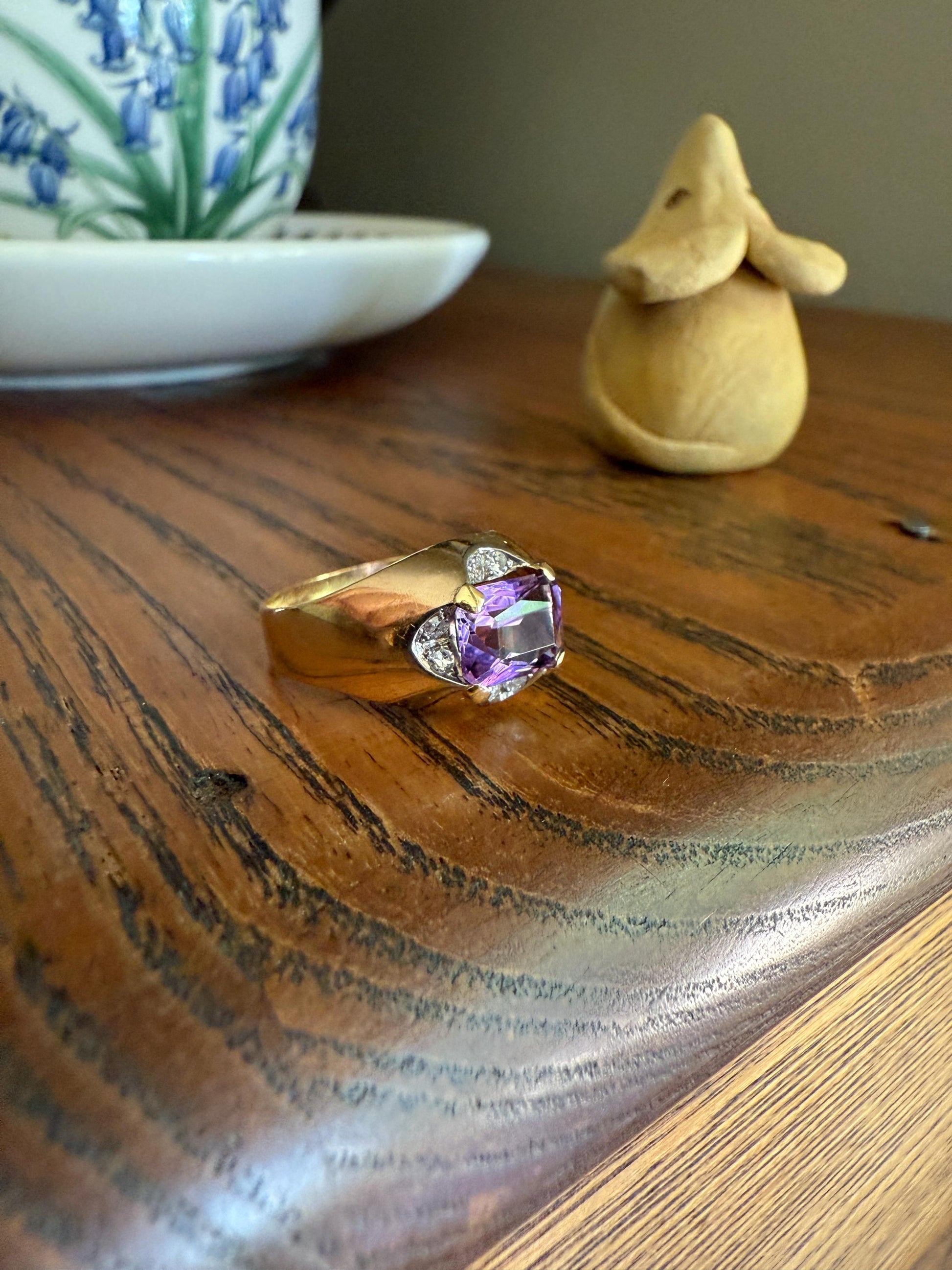 Vintage East West Amethyst Single Cut DIAMOND 18k Gold Domed Band Ring Lavender Purple Stacker Gift Unique Two Tier Gypsy Setting