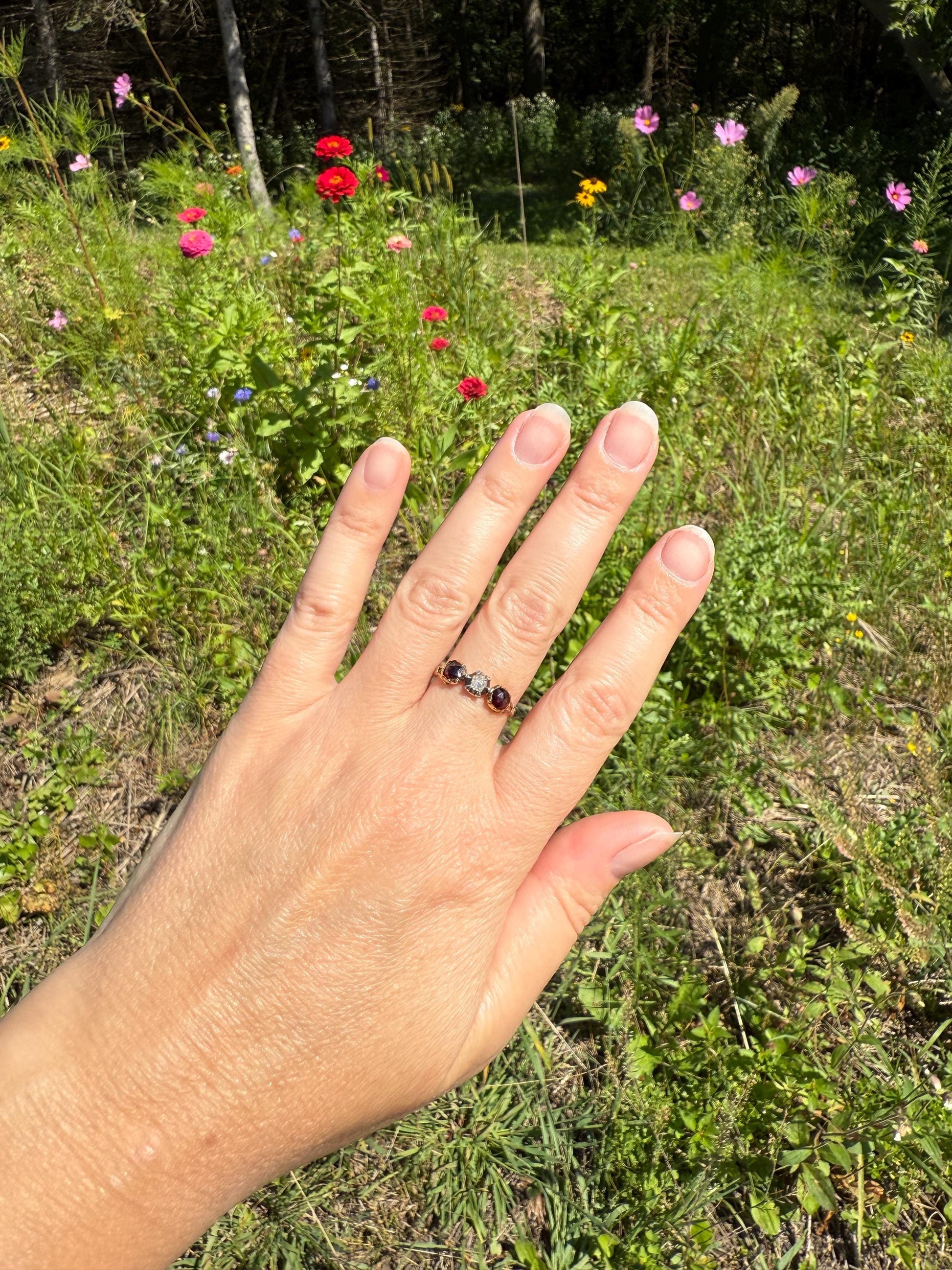 Georgian Era ANTIQUE Rose Cut Diamond & Red GARNET Three Stone RING 18k Gold Skinny Band Stacker Crimson Glow