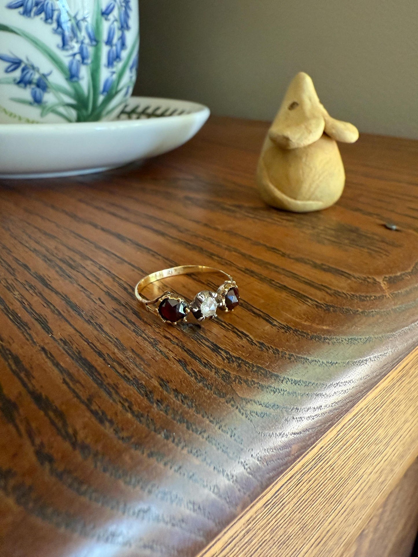 Georgian Era ANTIQUE Rose Cut Diamond & Red GARNET Three Stone RING 18k Gold Skinny Band Stacker Crimson Glow