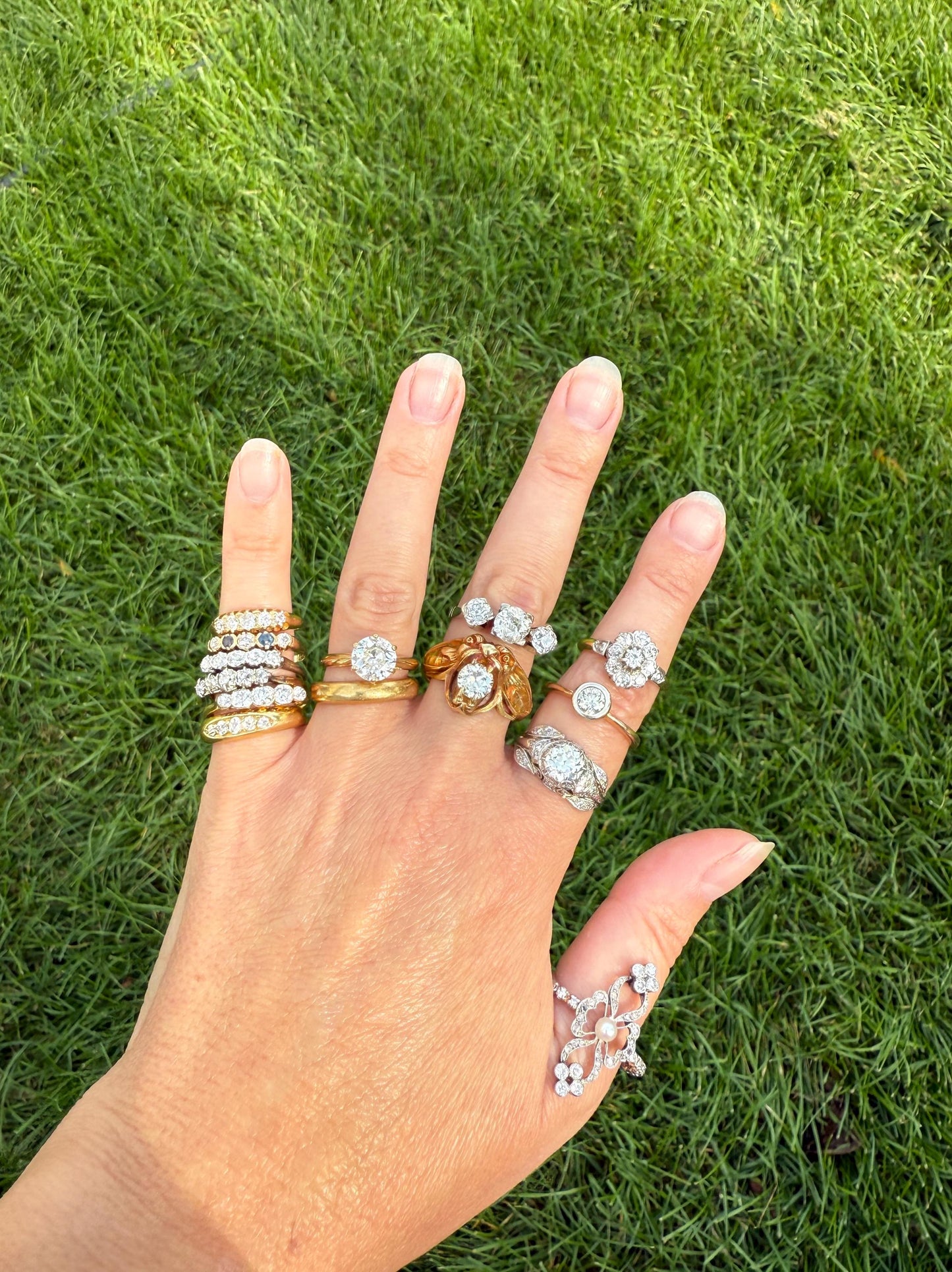 XL Ornate Belle Epoque French Antique FLORAL Ring w/ Diamond ETERNITY Band Pearl Flowers Rose Cut 18k White Gold Art Nouveau Victorian
