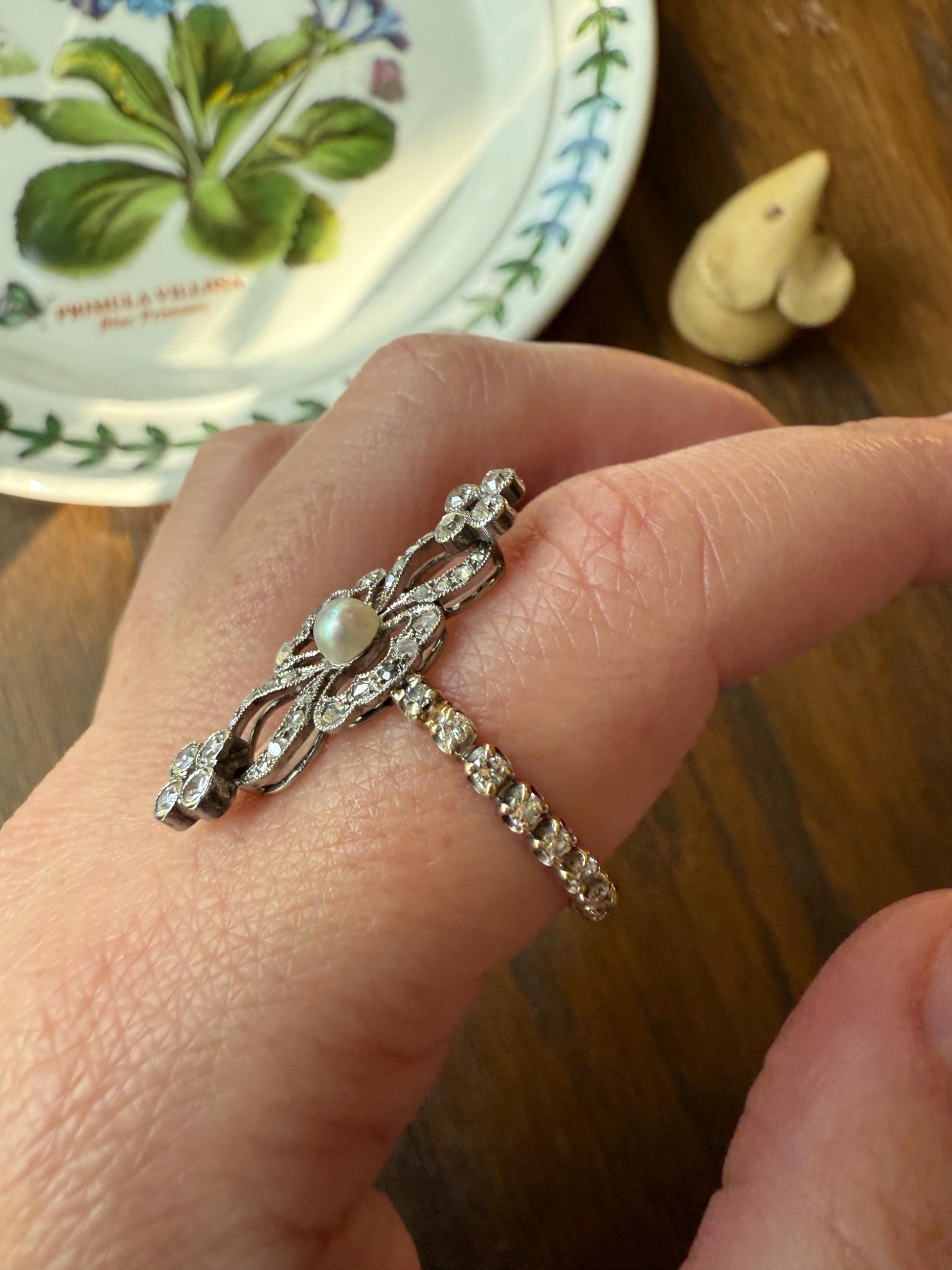 XL Ornate Belle Epoque French Antique FLORAL Ring w/ Diamond ETERNITY Band Pearl Flowers Rose Cut 18k White Gold Art Nouveau Victorian