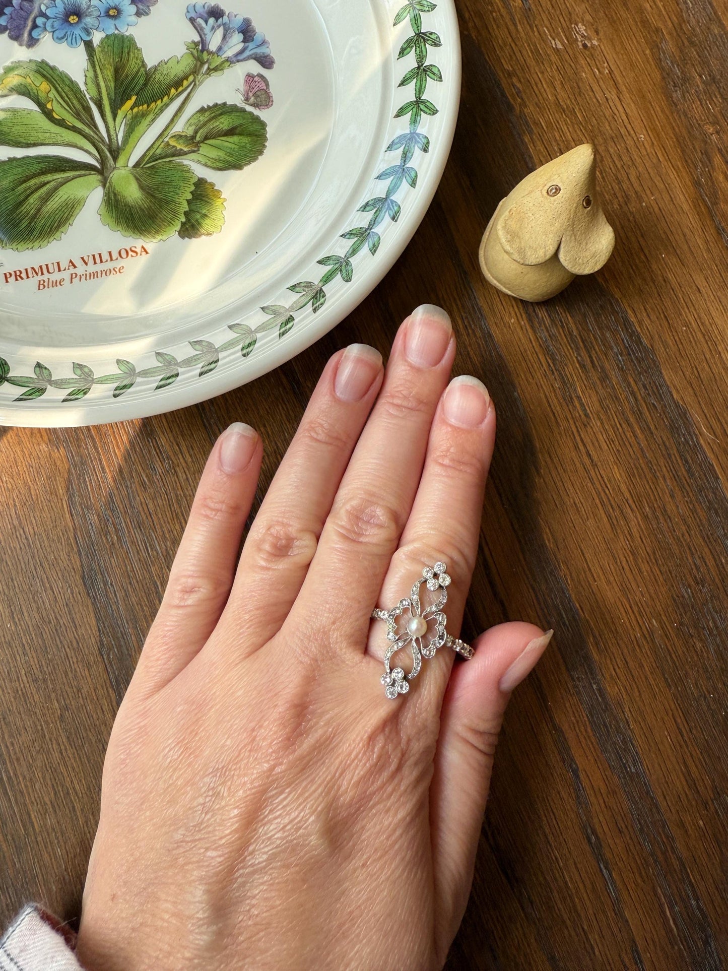 XL Ornate Belle Epoque French Antique FLORAL Ring w/ Diamond ETERNITY Band Pearl Flowers Rose Cut 18k White Gold Art Nouveau Victorian