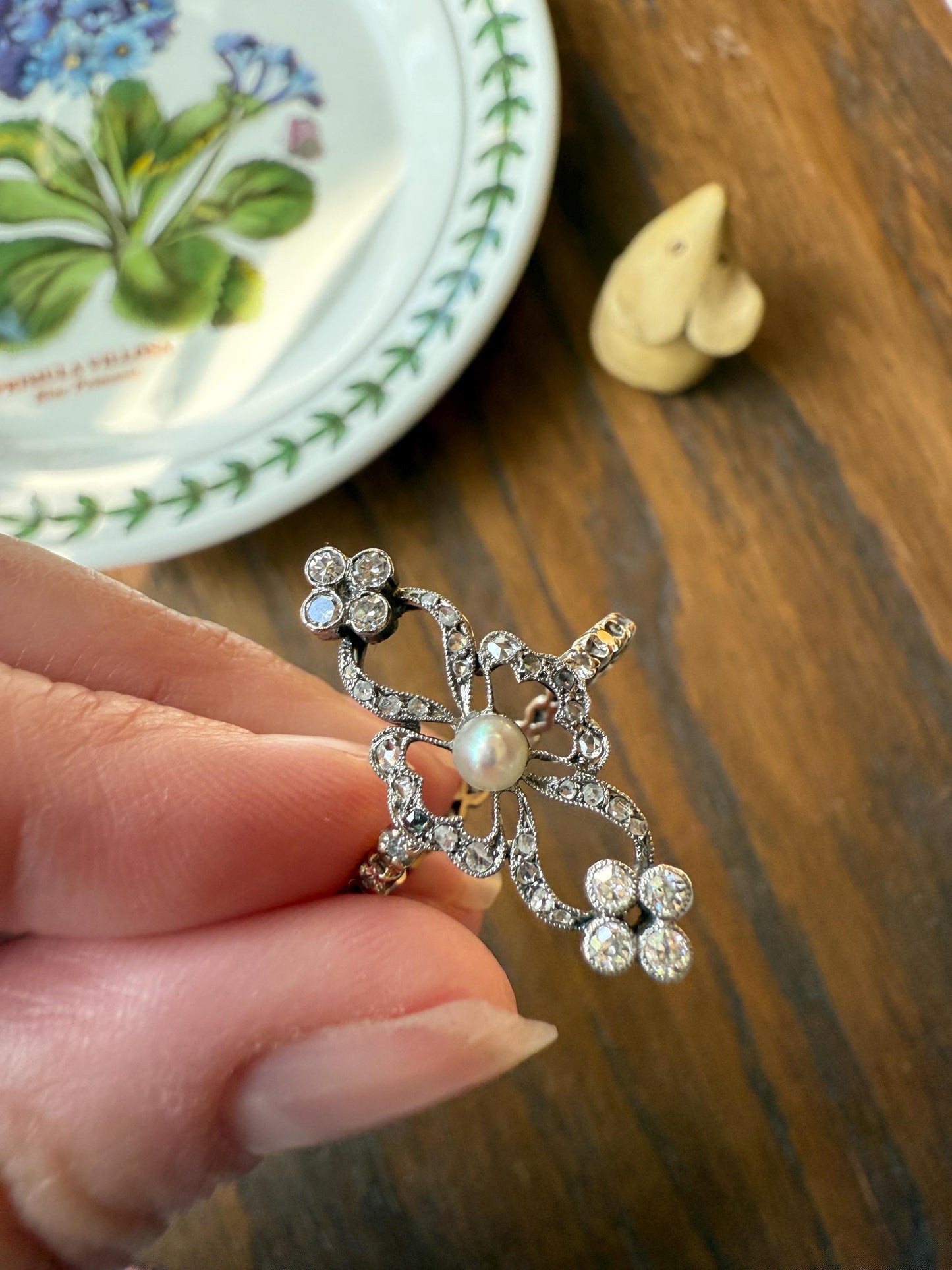 XL Ornate Belle Epoque French Antique FLORAL Ring w/ Diamond ETERNITY Band Pearl Flowers Rose Cut 18k White Gold Art Nouveau Victorian
