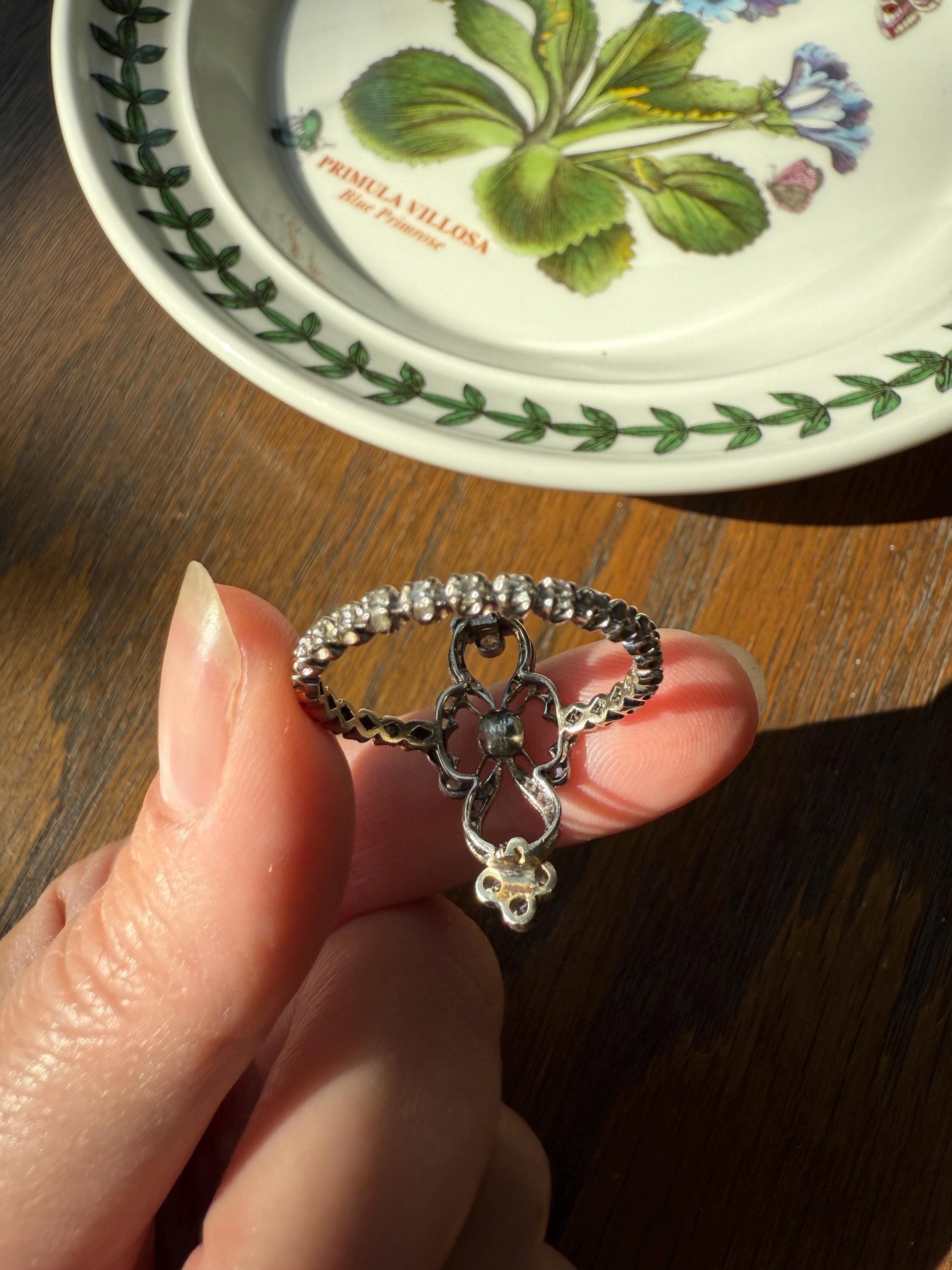 XL Ornate Belle Epoque French Antique FLORAL Ring w/ Diamond ETERNITY Band Pearl Flowers Rose Cut 18k White Gold Art Nouveau Victorian