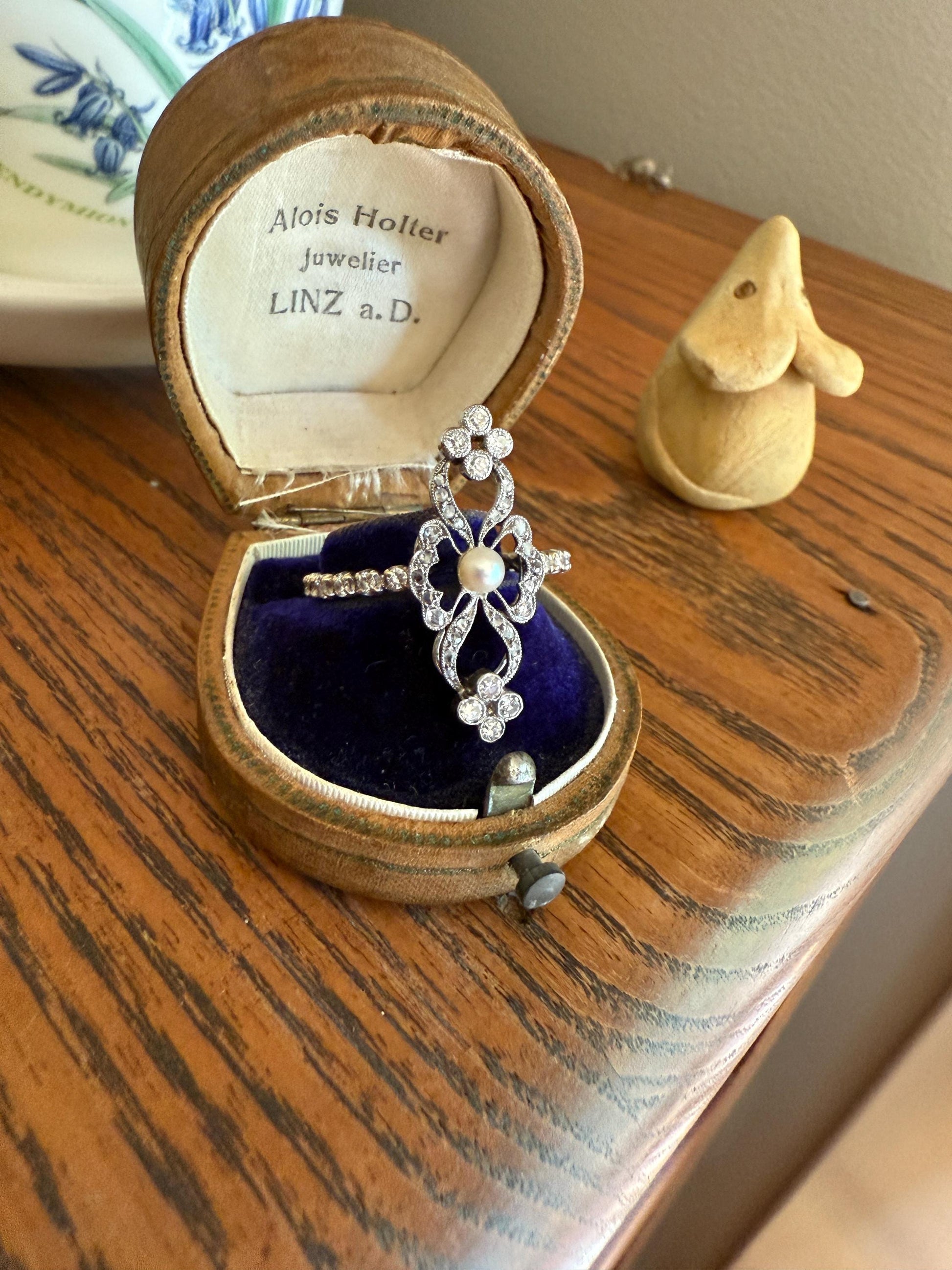 XL Ornate Belle Epoque French Antique FLORAL Ring w/ Diamond ETERNITY Band Pearl Flowers Rose Cut 18k White Gold Art Nouveau Victorian