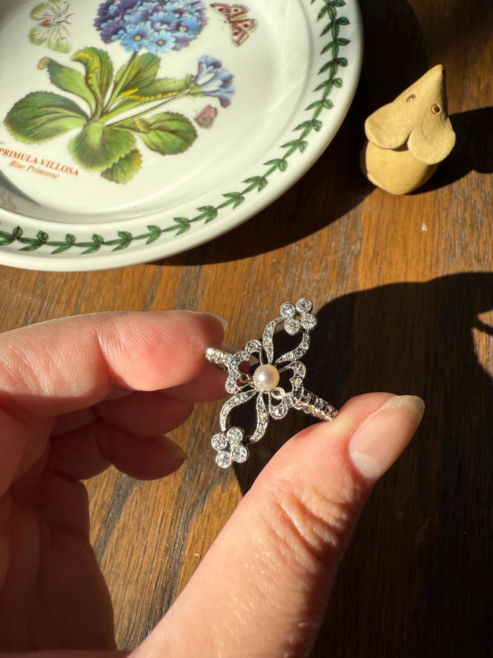 XL Ornate Belle Epoque French Antique FLORAL Ring w/ Diamond ETERNITY Band Pearl Flowers Rose Cut 18k White Gold Art Nouveau Victorian