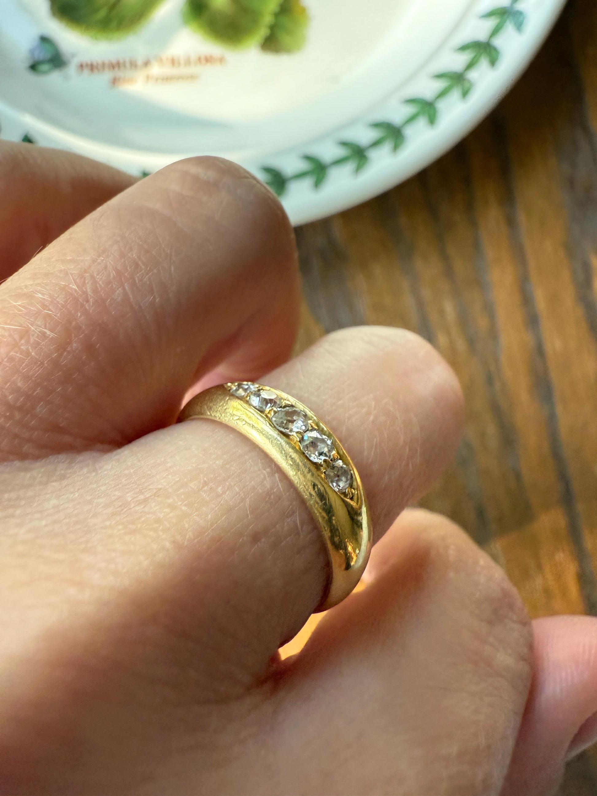 FIVE Stone Old Mine Cut DIAMOND Gypsy Band 18k Gold Antique Ring 0.6 Carat Antique Edwardian Victorian Stacker OmC Square Geometric Linear