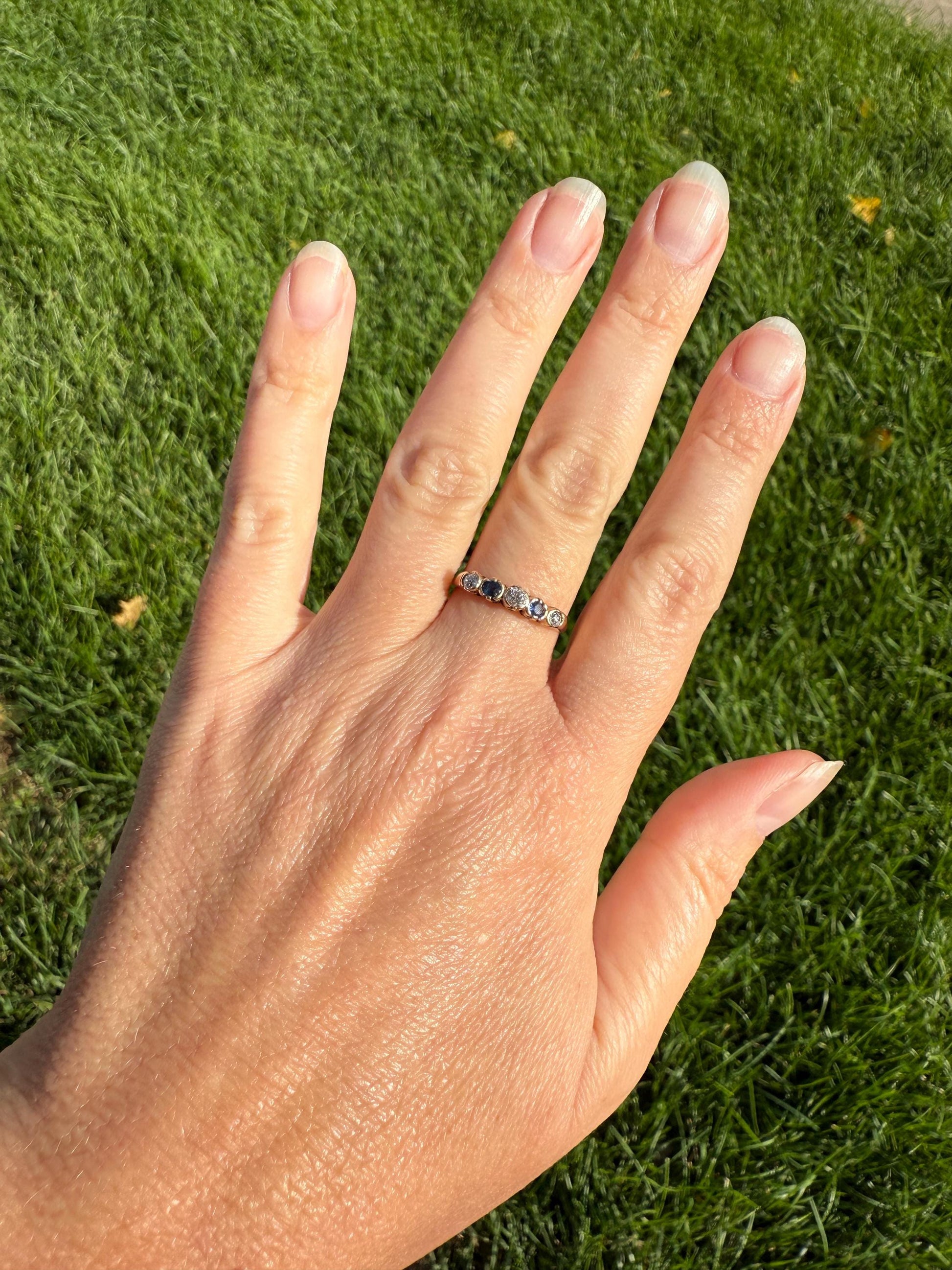 Antique SAPPHIRE Old Mine Cut DIAMOND Natural Blue 14k Gold Five Stone Ring Skinny Band Romantic Gift Stacker Linear Sparkly Victorian OMC