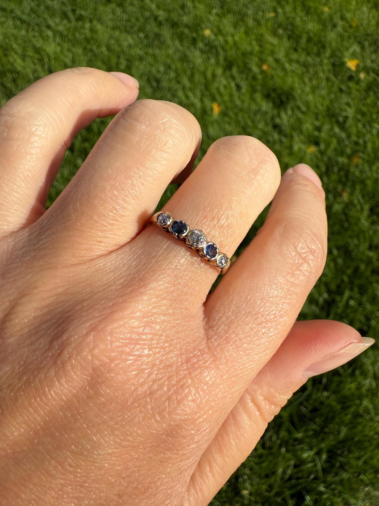 Antique SAPPHIRE Old Mine Cut DIAMOND Natural Blue 14k Gold Five Stone Ring Skinny Band Romantic Gift Stacker Linear Sparkly Victorian OMC
