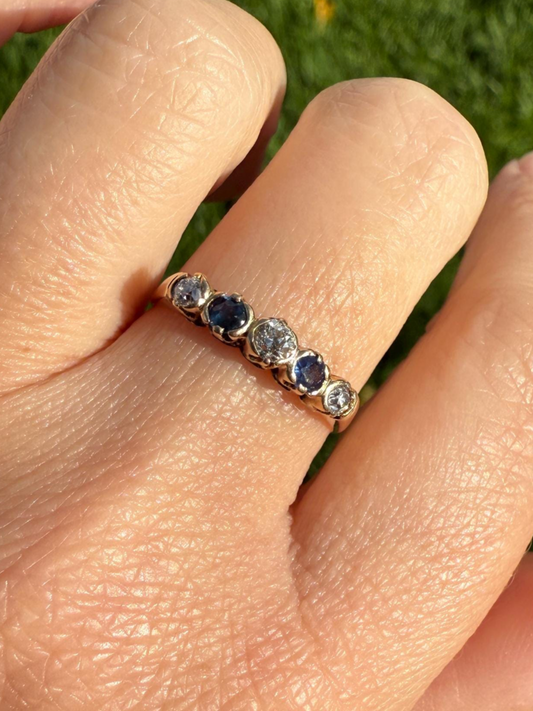 Antique SAPPHIRE Old Mine Cut DIAMOND Natural Blue 14k Gold Five Stone Ring Skinny Band Romantic Gift Stacker Linear Sparkly Victorian OMC