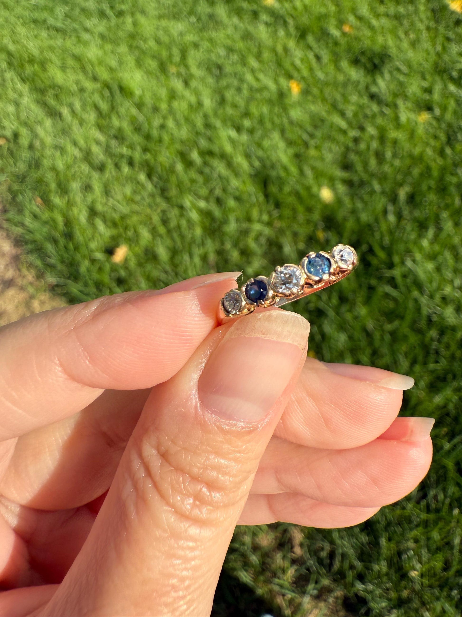 Antique SAPPHIRE Old Mine Cut DIAMOND Natural Blue 14k Gold Five Stone Ring Skinny Band Romantic Gift Stacker Linear Sparkly Victorian OMC