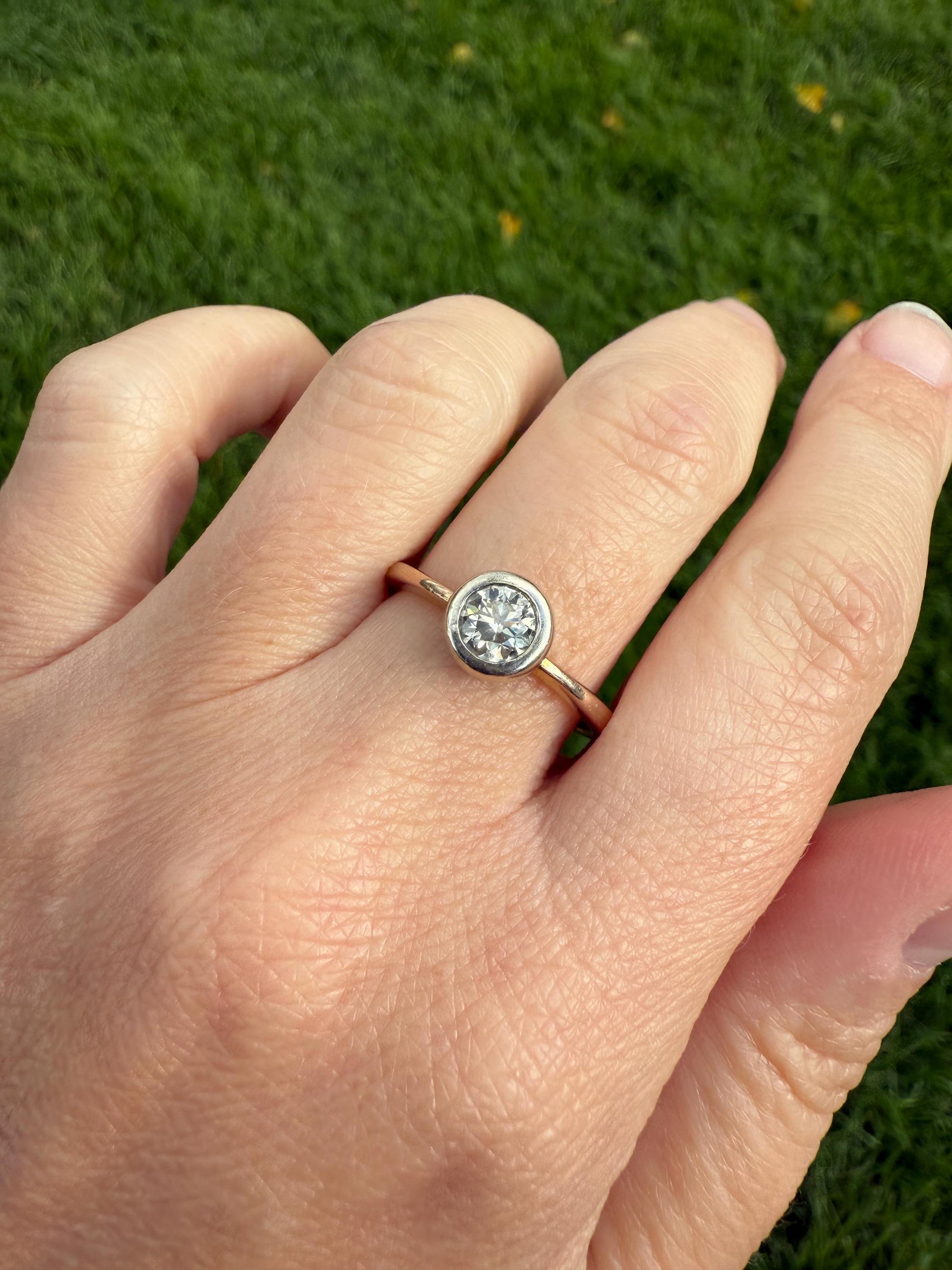 Vintage .67 Carat Eye Clean Transitional Cut Diamond Ring Cupped Bezel Set Solitaire Ring Stacker 9k Gold 2/3 Carat .67ctw