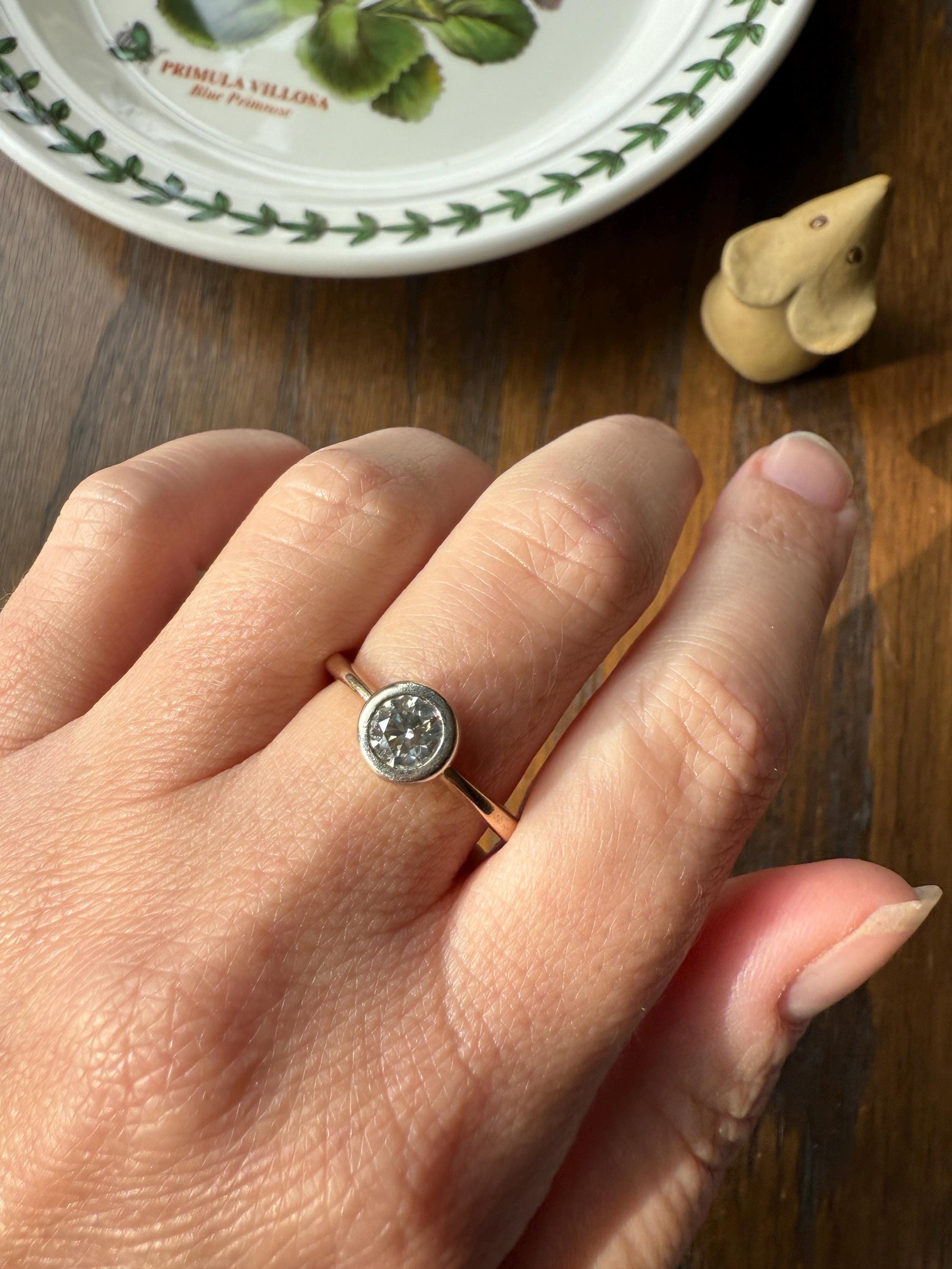 Vintage .67 Carat Eye Clean Transitional Cut Diamond Ring Cupped Bezel Set Solitaire Ring Stacker 9k Gold 2/3 Carat .67ctw