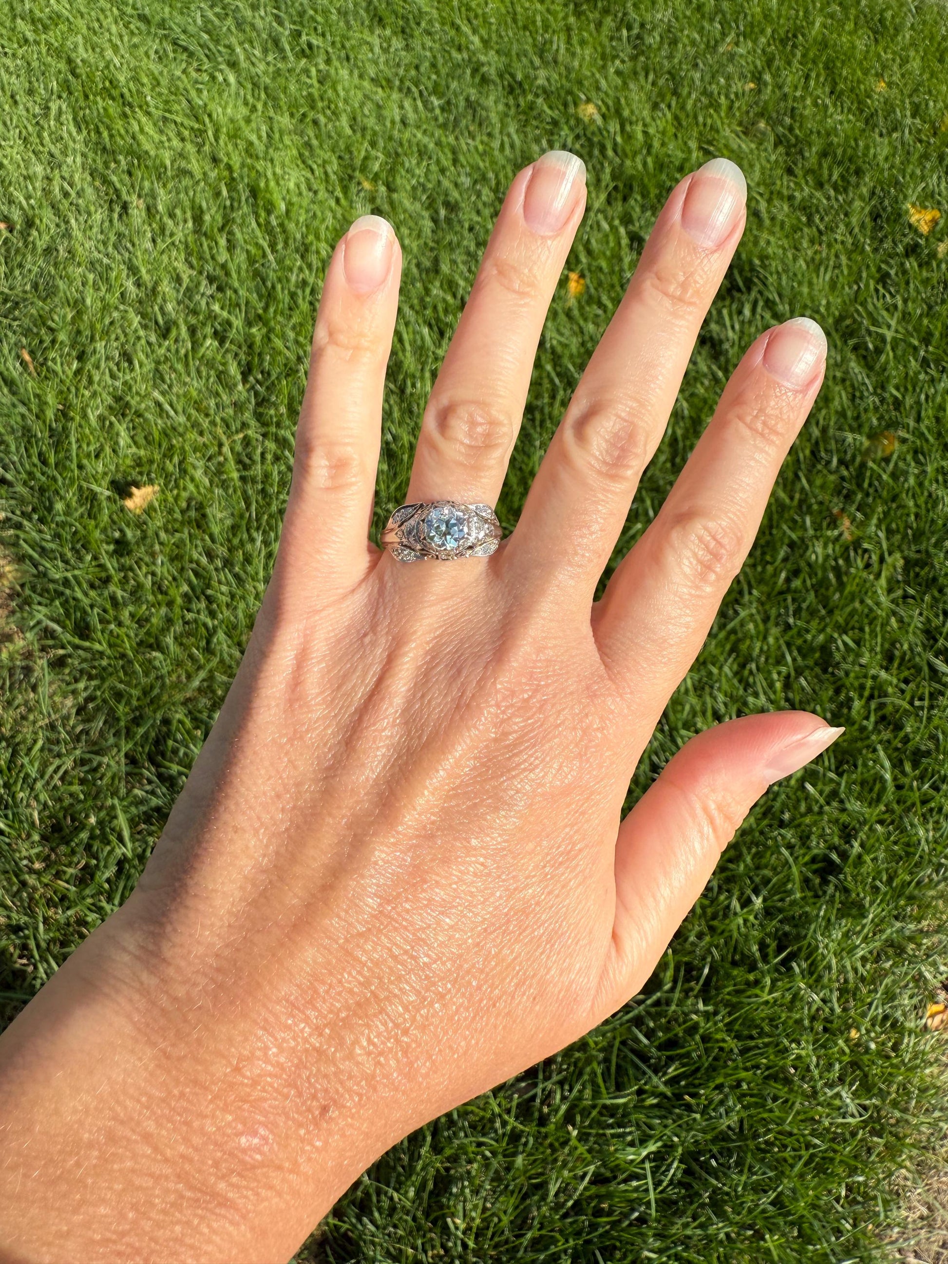 PLATINUM 1.7Ctw Art Deco Old European Cut Diamond Solitaire Engagement Ring w/ Wedding Set Wrap Encrusted Prongs Leaf Filigree Antique c1928