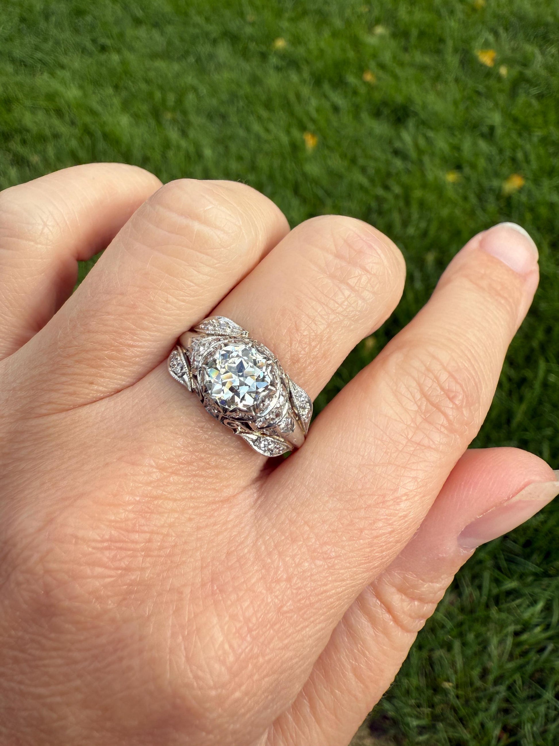 PLATINUM 1.7Ctw Art Deco Old European Cut Diamond Solitaire Engagement Ring w/ Wedding Set Wrap Encrusted Prongs Leaf Filigree Antique c1928