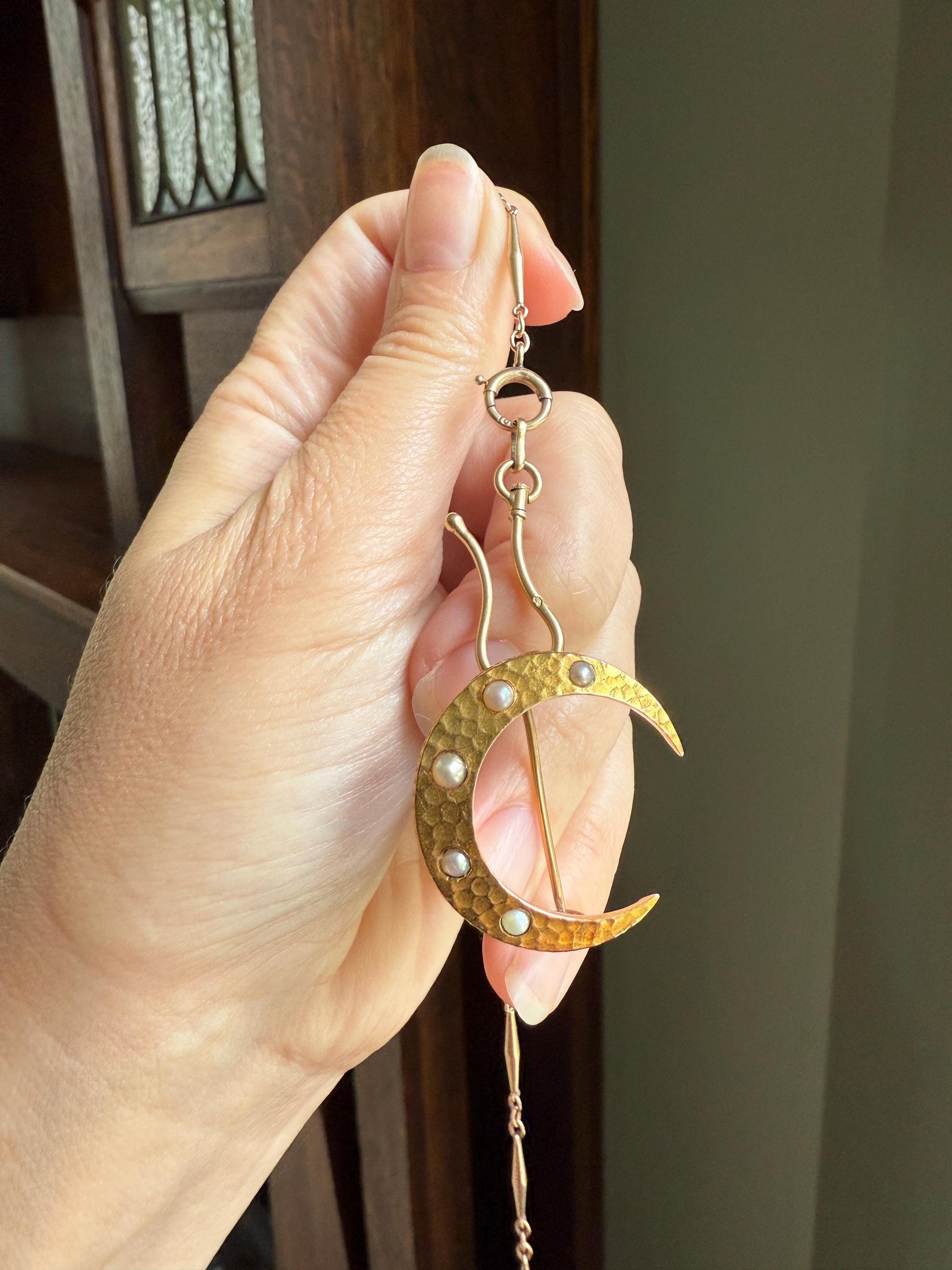 MOON Hammered 18k GOLD Antique VICTORIAN Figural Brooch Extender Buttery Connector Pin or Pendant Conversion Frenc Celestial Jewelry Gift