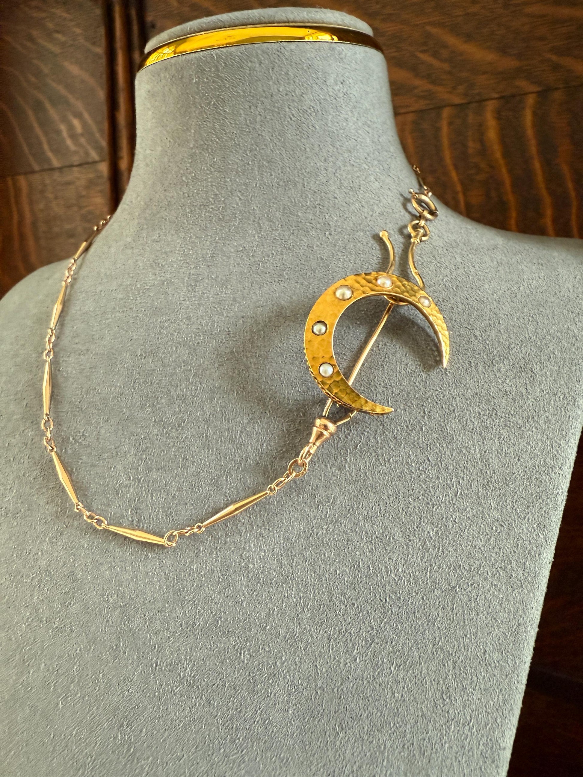 MOON Hammered 18k GOLD Antique VICTORIAN Figural Brooch Extender Buttery Connector Pin or Pendant Conversion Frenc Celestial Jewelry Gift