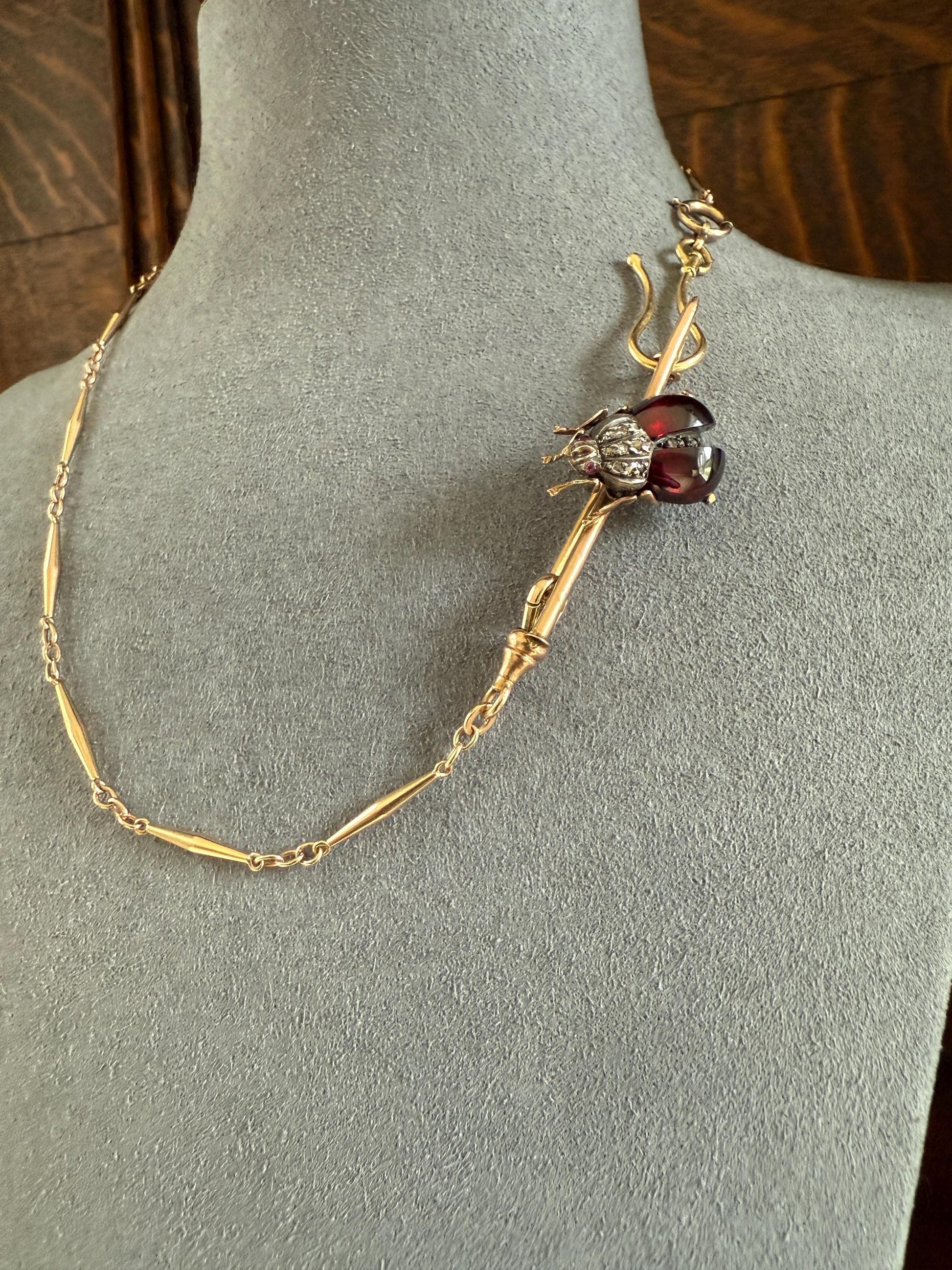 Ladybug BUG Beetle GARNET Wing Rose Cut Diamond French Antique Victorian Figural Pin Brooch for Pendant 18k Gold Gift Red Scarab Connector