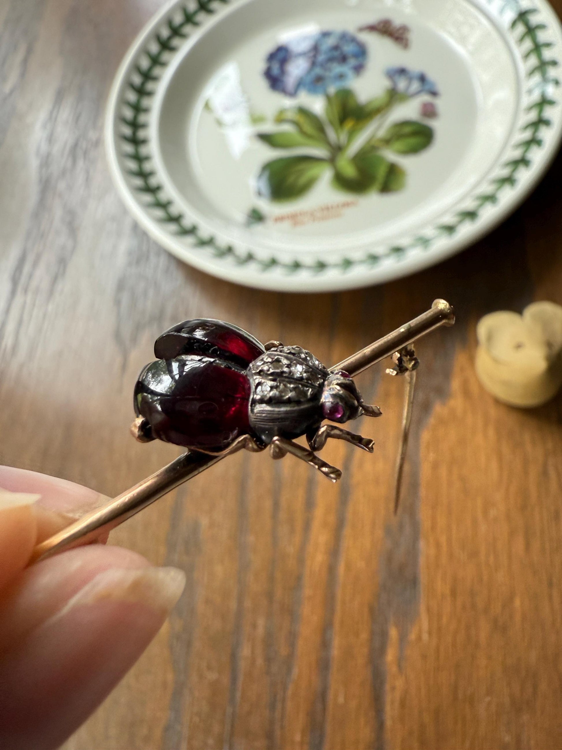 Ladybug BUG Beetle GARNET Wing Rose Cut Diamond French Antique Victorian Figural Pin Brooch for Pendant 18k Gold Gift Red Scarab Connector