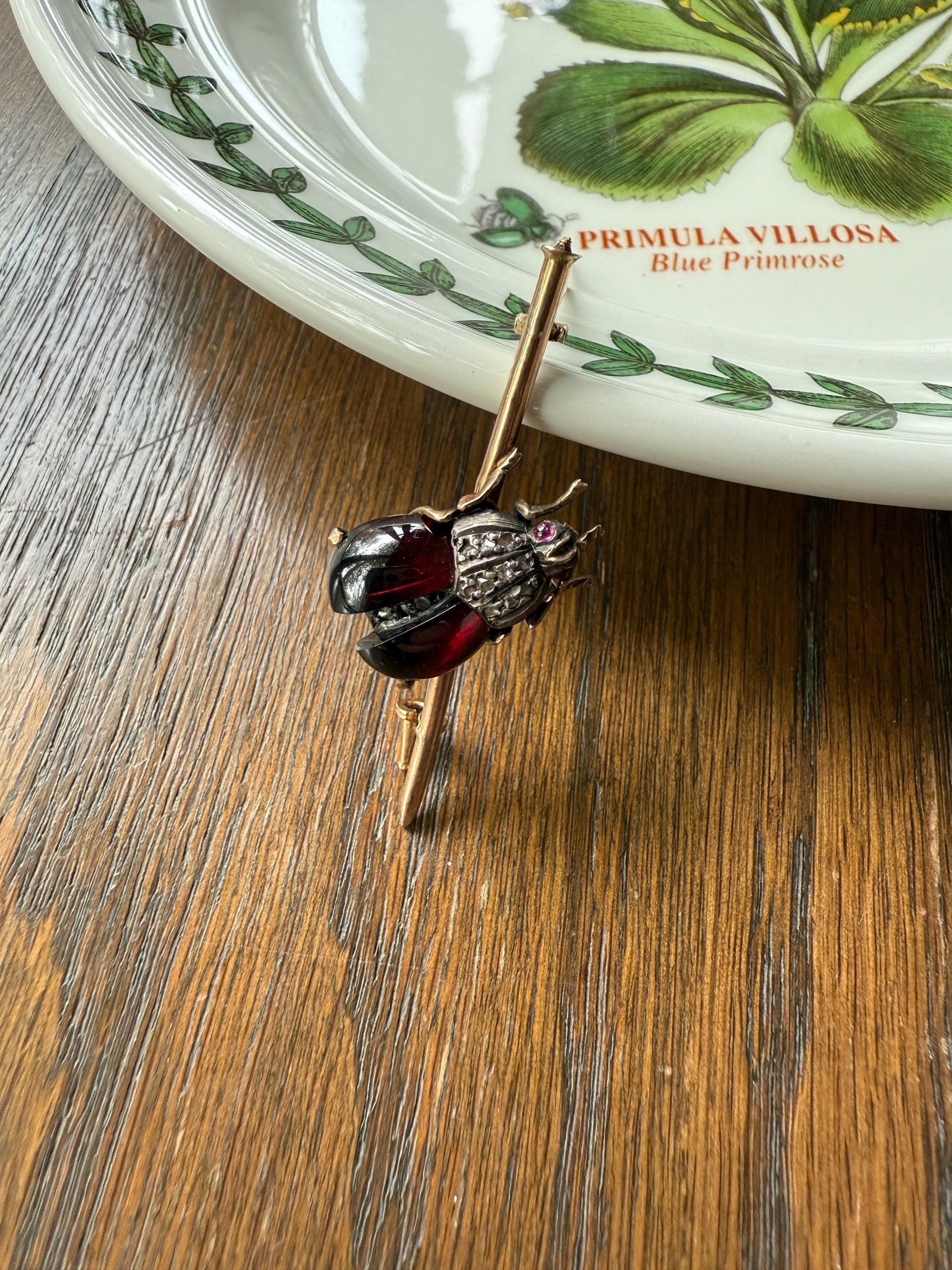Ladybug BUG Beetle GARNET Wing Rose Cut Diamond French Antique Victorian Figural Pin Brooch for Pendant 18k Gold Gift Red Scarab Connector