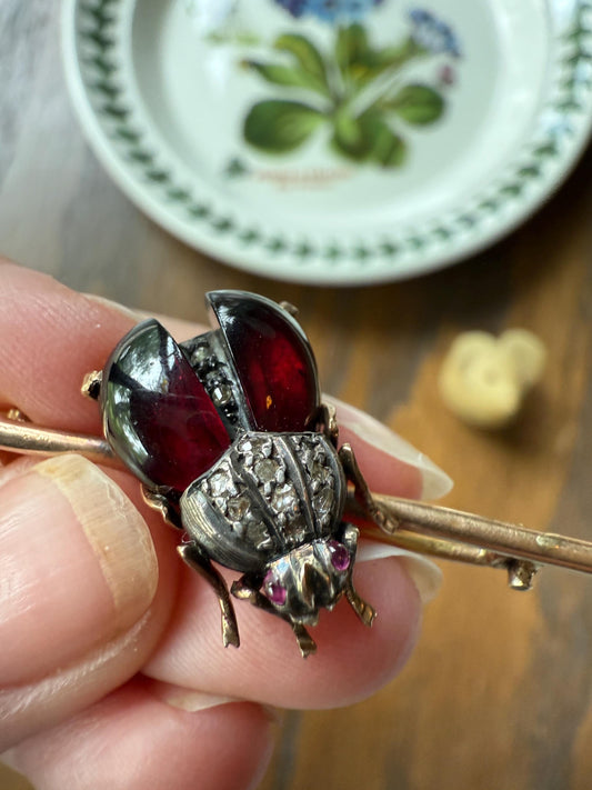 Ladybug BUG Beetle GARNET Wing Rose Cut Diamond French Antique Victorian Figural Pin Brooch for Pendant 18k Gold Gift Red Scarab Connector