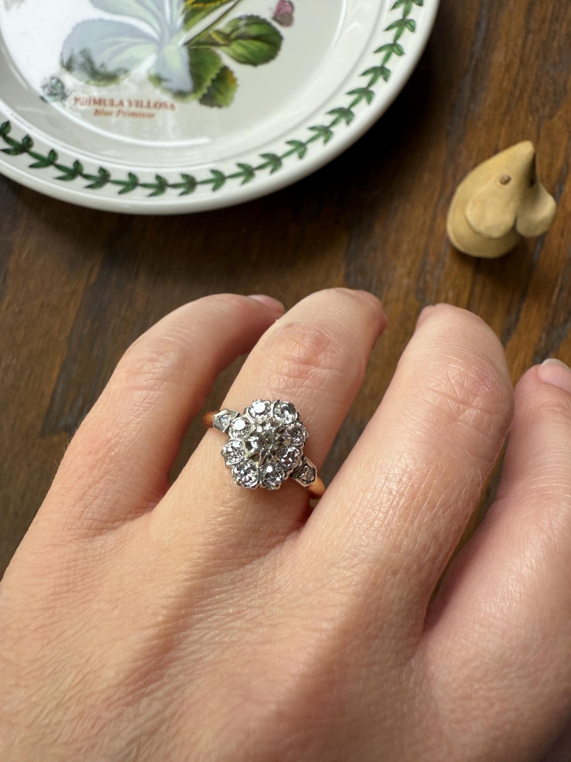 OVAL .9 Carat Old Mine Cut DIAMOND Cluster Ring Victorian French Antique Hallmark 18k Gold Band Platinum Stacker Romantic Gift OMC