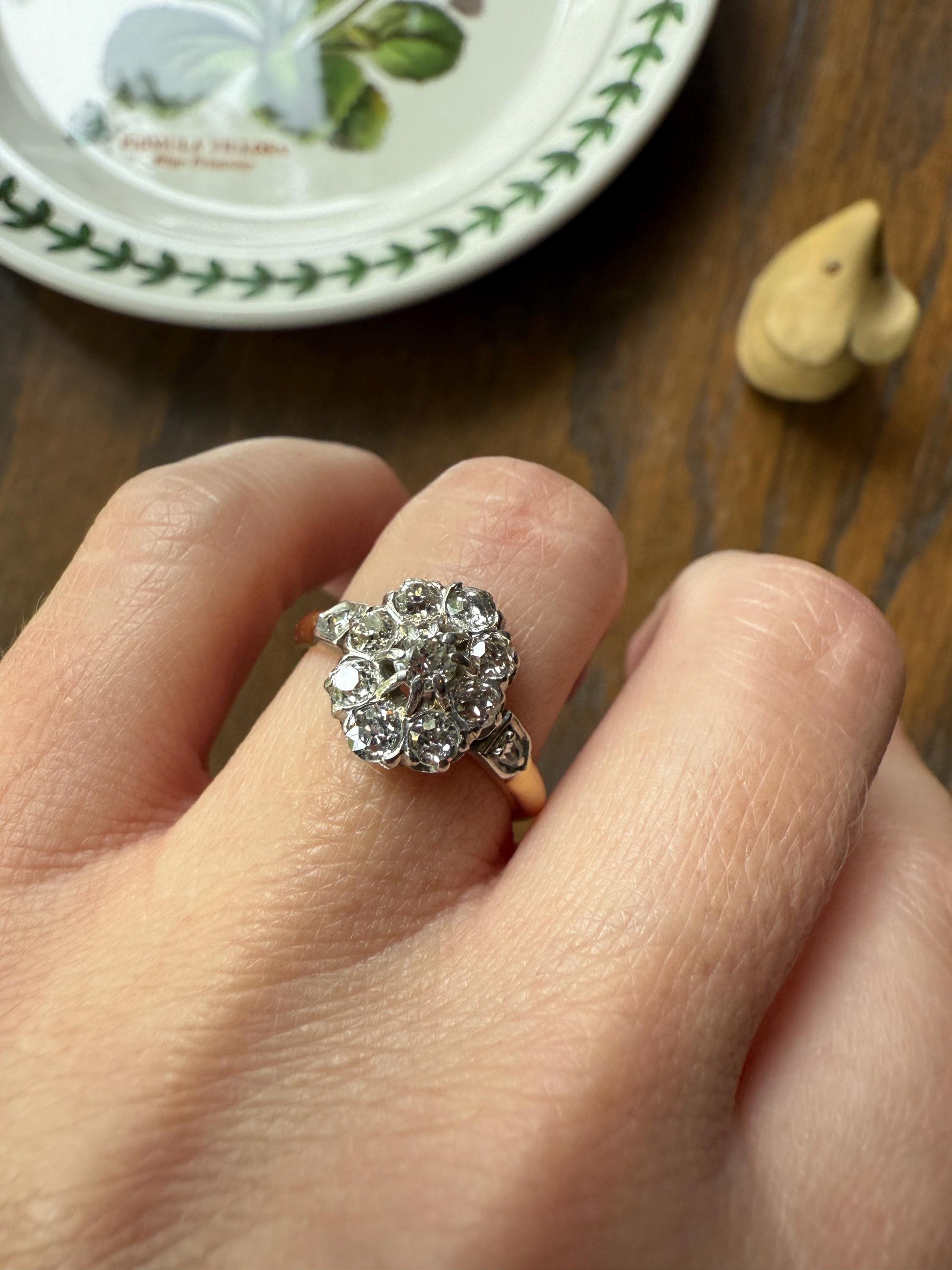 OVAL .9 Carat Old Mine Cut DIAMOND Cluster Ring Victorian French Antique Hallmark 18k Gold Band Platinum Stacker Romantic Gift OMC