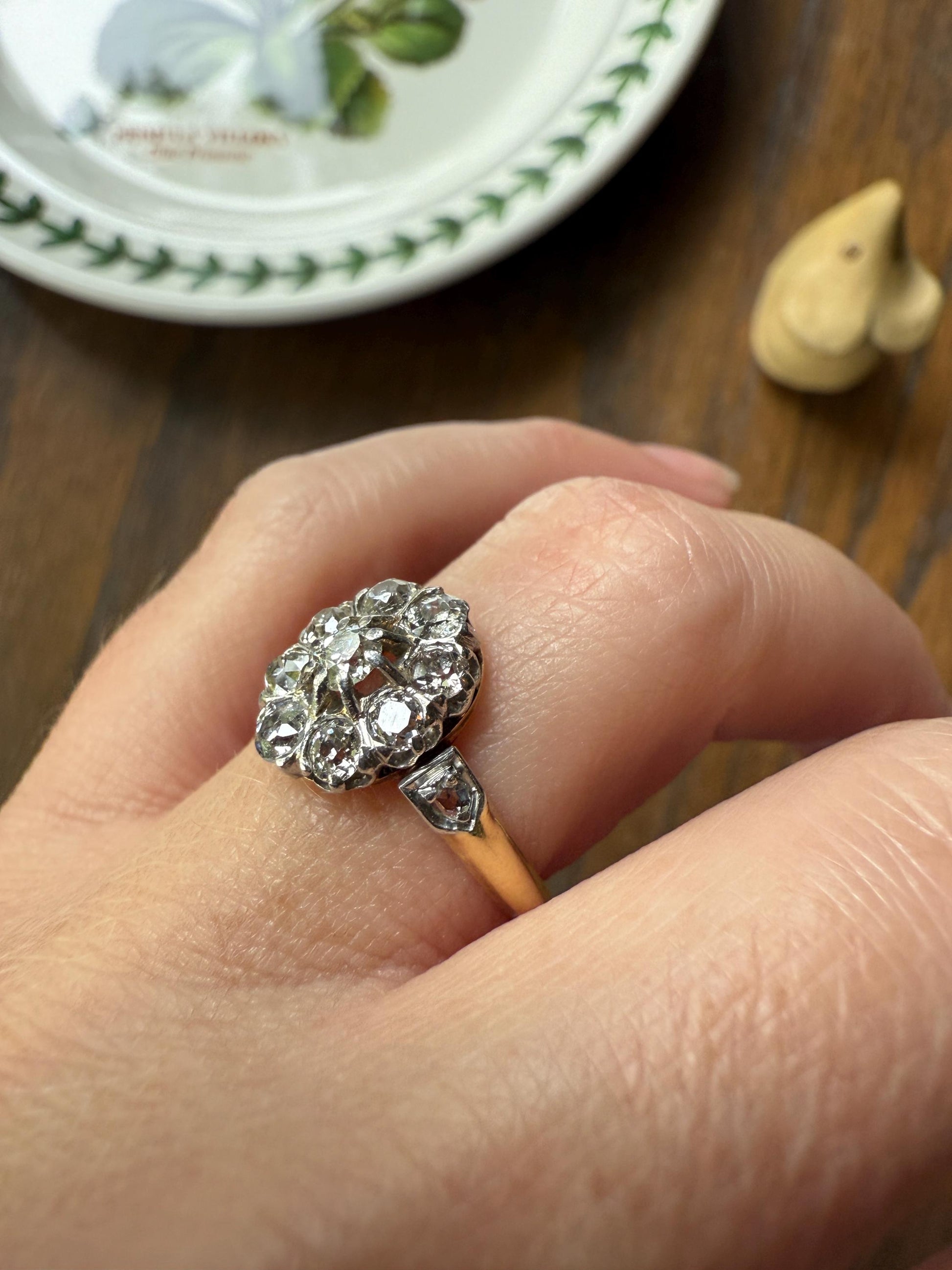 OVAL .9 Carat Old Mine Cut DIAMOND Cluster Ring Victorian French Antique Hallmark 18k Gold Band Platinum Stacker Romantic Gift OMC