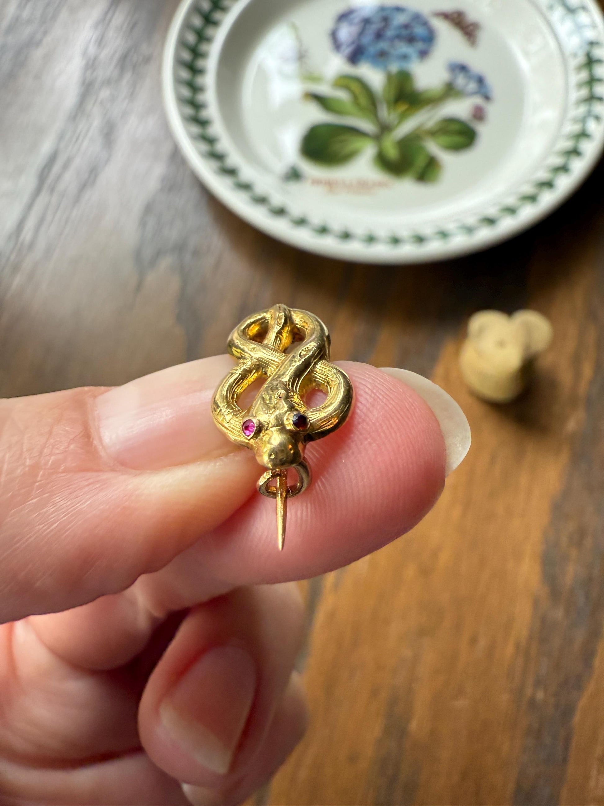 Coiled SNAKE Georgian to early Victorian Antique Figural Pin Brooch for Pendant 18k Gold Ruby Eyes Unique Gift Extender Connector