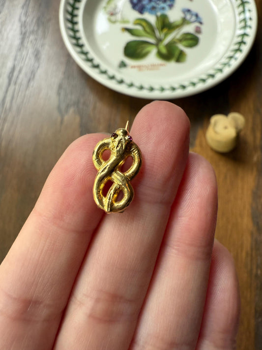 Coiled SNAKE Georgian to early Victorian Antique Figural Pin Brooch for Pendant 18k Gold Ruby Eyes Unique Gift Extender Connector
